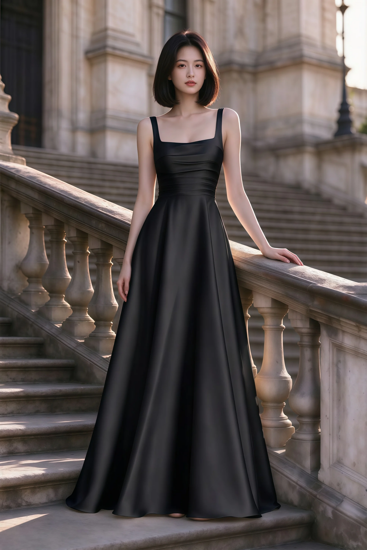 Outdoor front view of Becky black satin maxi dress on stone steps with a floor-length A-line skirt