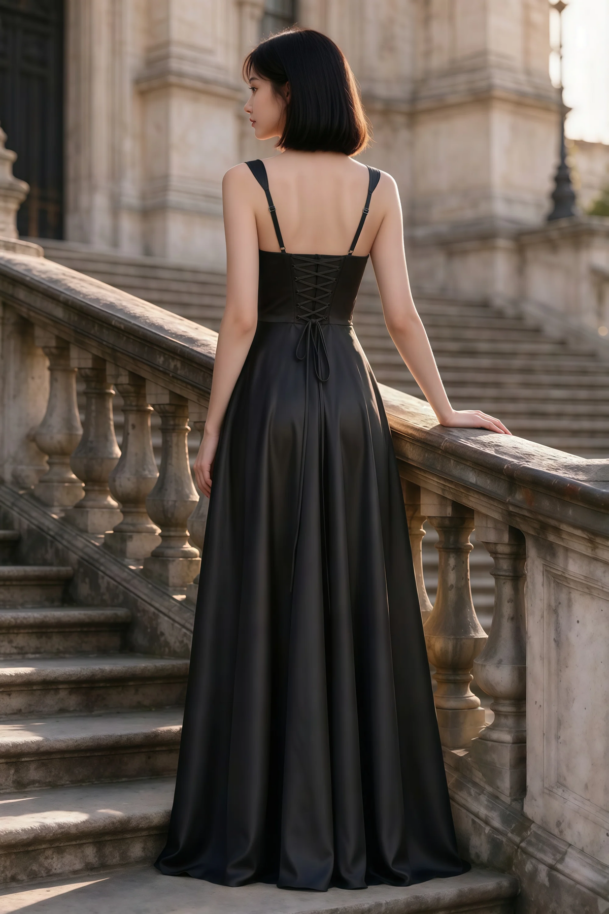 Outdoor rear view of Becky black satin maxi dress showing adjustable straps and the lace-up back