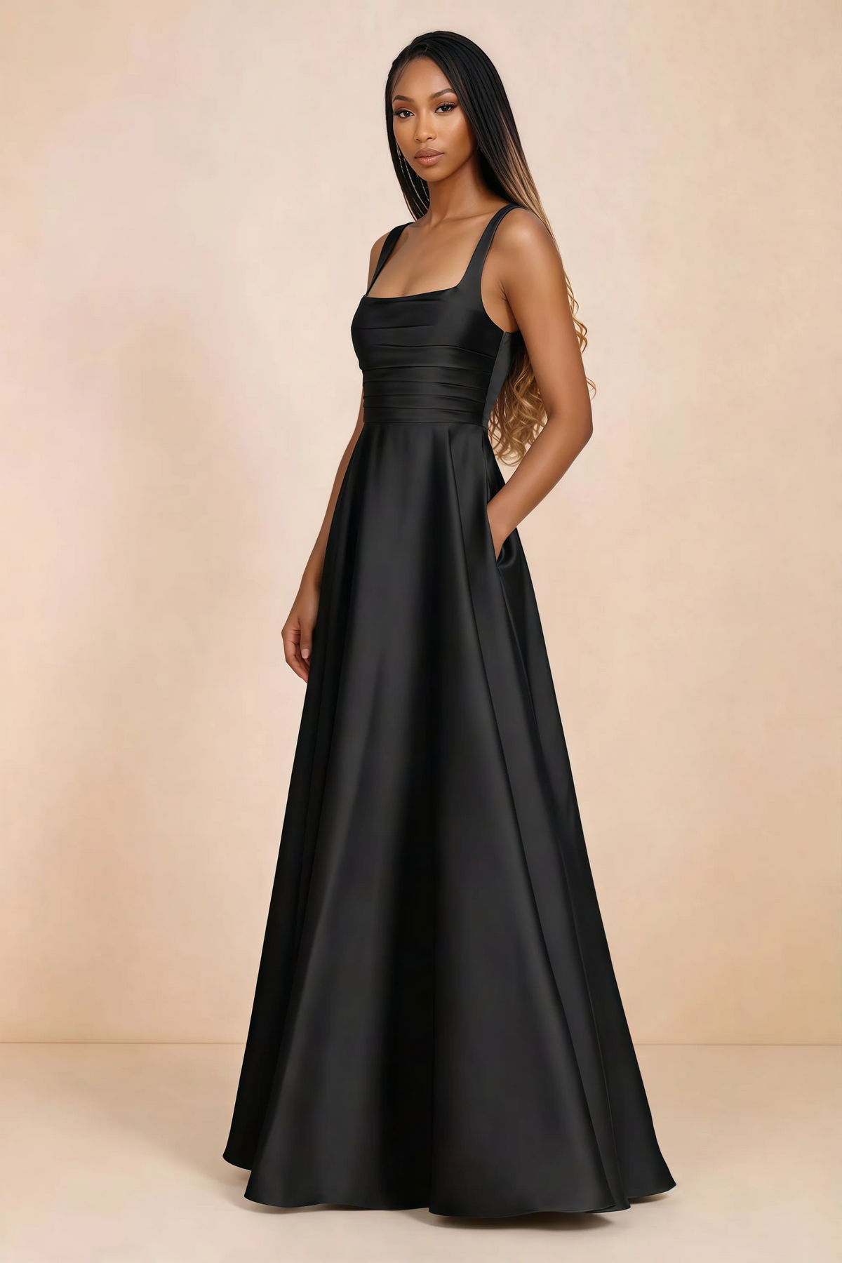 Three-quarter studio view of Becky black satin maxi dress with a hand resting in the side pocket