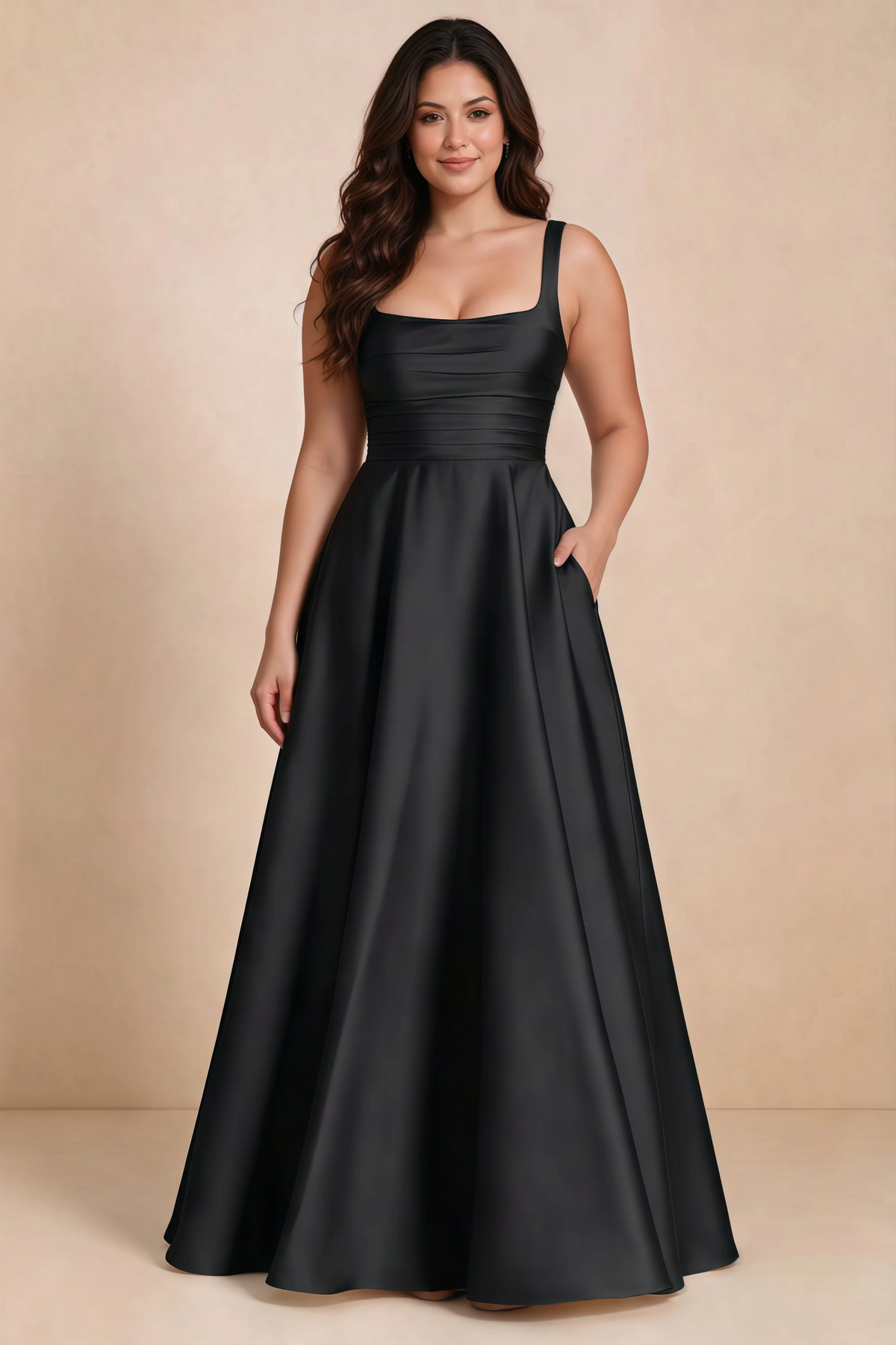 Front studio view of Becky black satin maxi dress showing the defined waist and flowing skirt