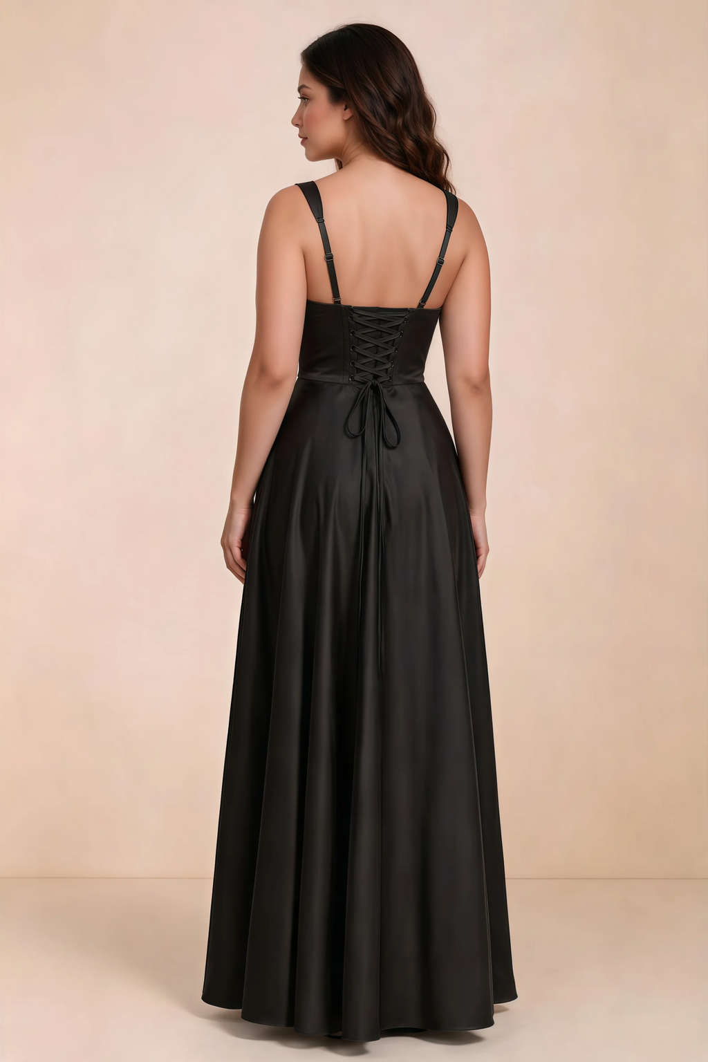 Rear studio view of Becky black satin maxi dress showing crossed back lacing above the full skirt