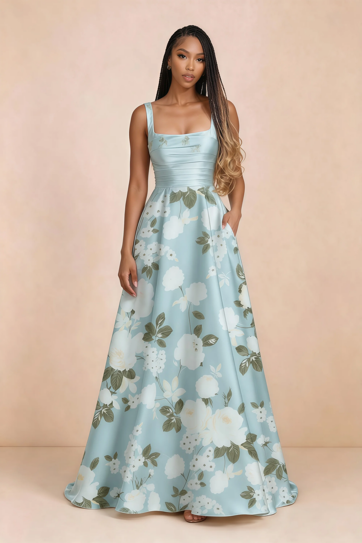 Front studio view of Becky blue floral satin maxi dress showing the square neckline, pleated bodice and full A-line skirt