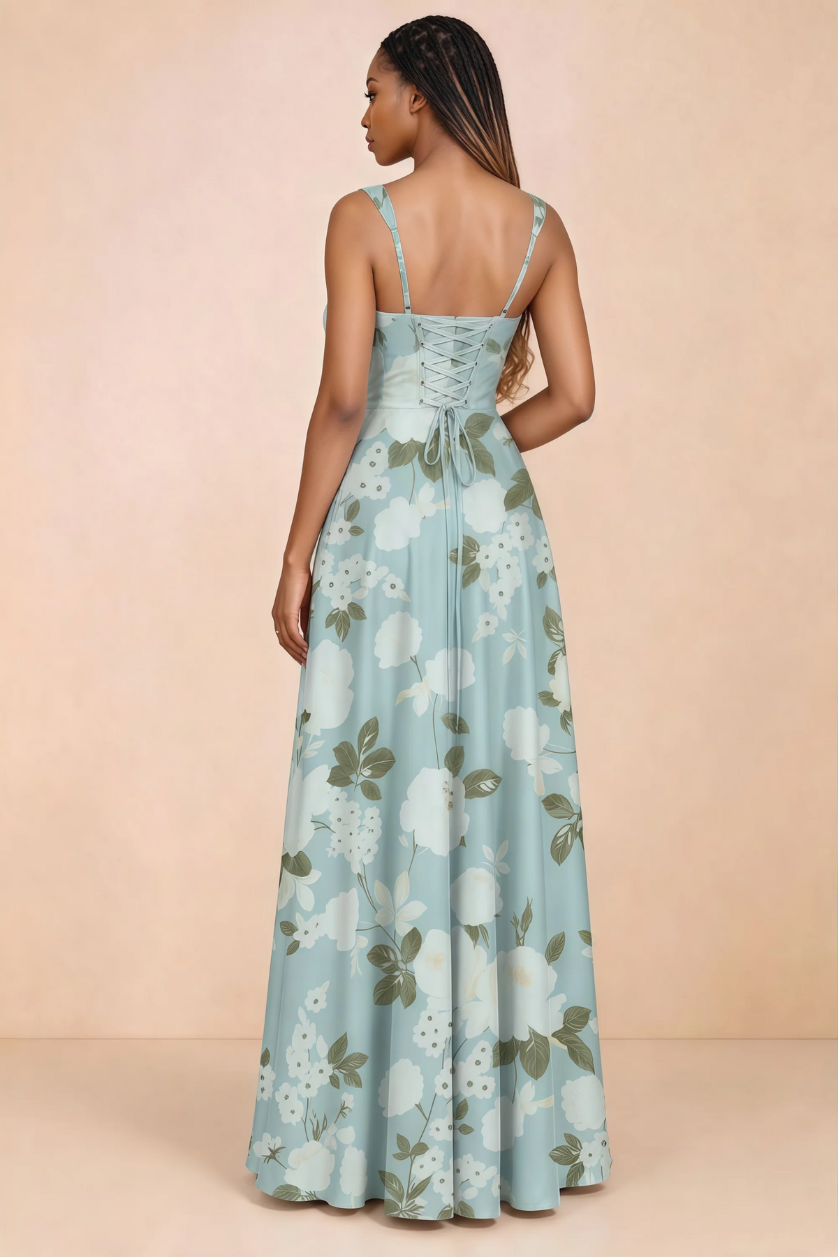Back studio view of Becky blue floral satin maxi dress showing shoulder straps and waist-length lacing