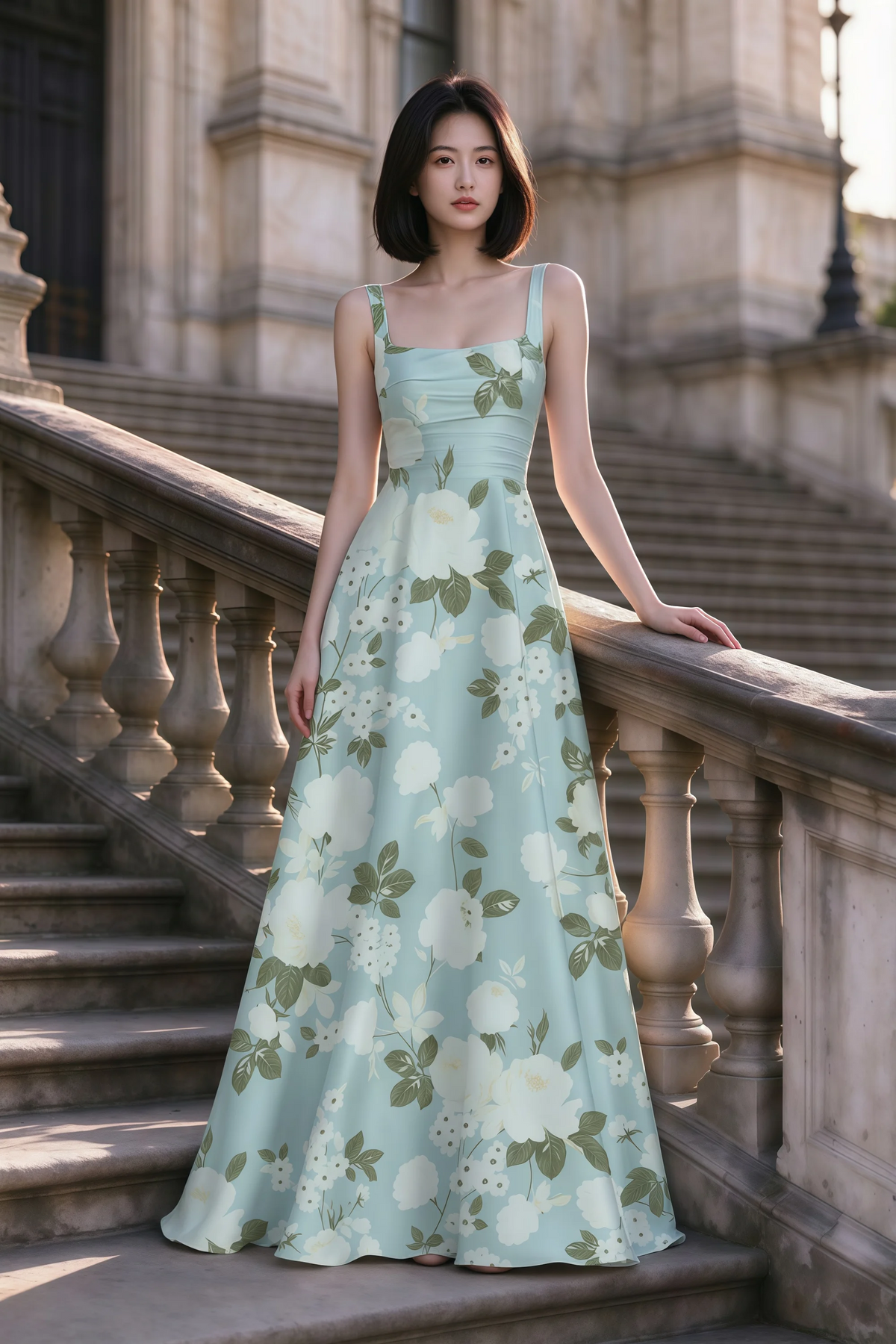 Outdoor front view of Becky blue floral satin maxi dress on stone steps with a floor-length A-line skirt