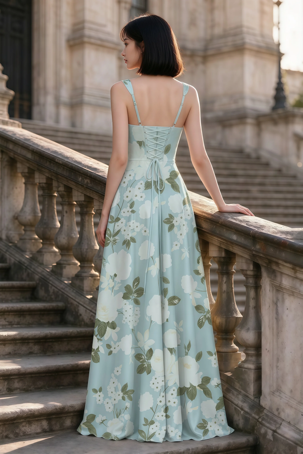 Outdoor rear view of Becky blue floral satin maxi dress showing adjustable straps and the lace-up back