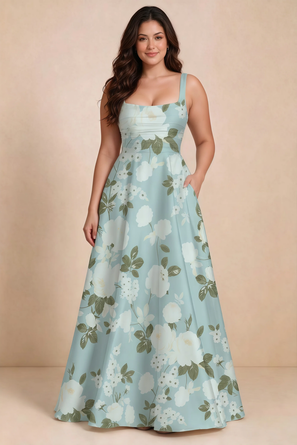 Front studio view of Becky blue floral satin maxi dress showing the defined waist and flowing skirt