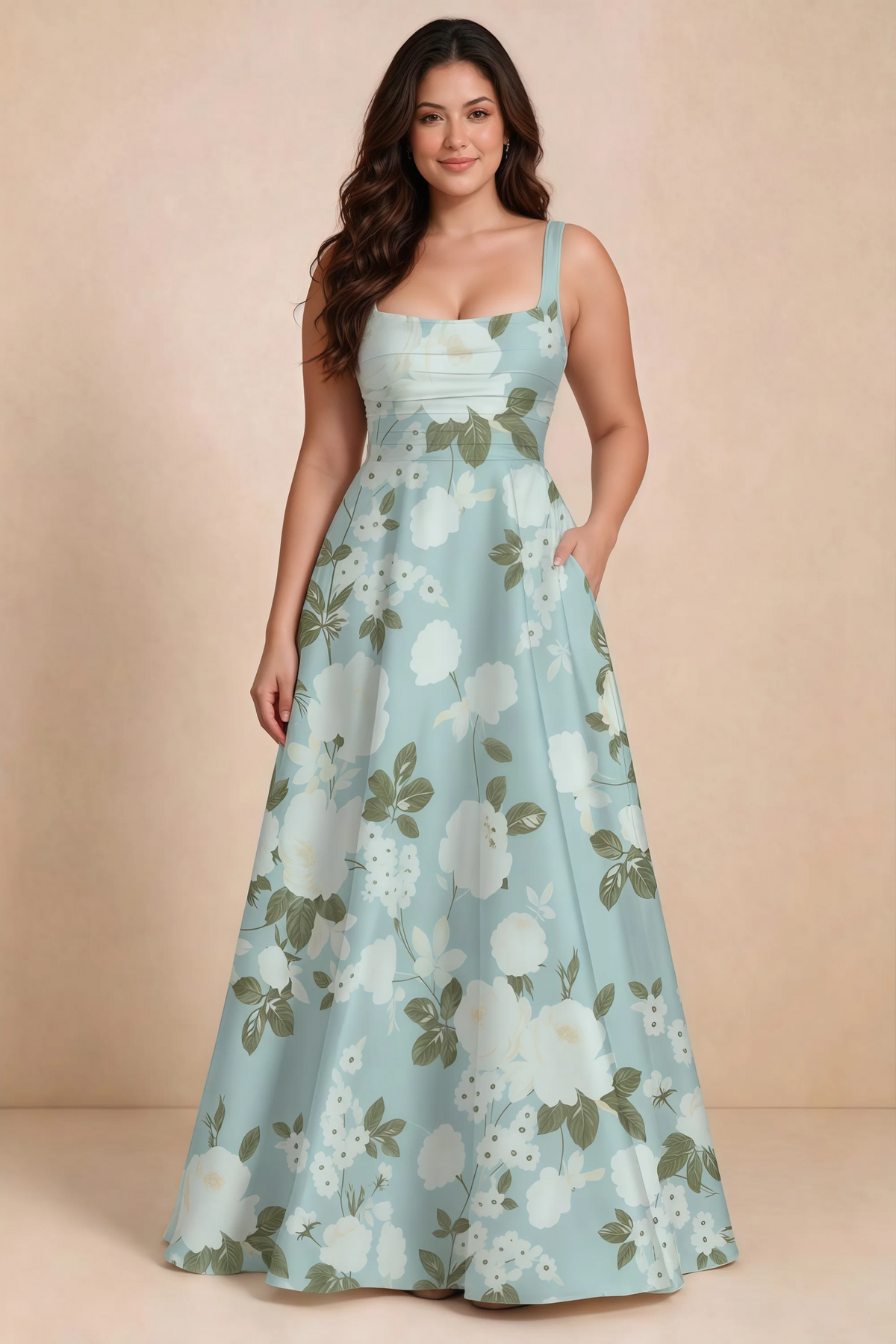 Front studio view of Becky blue floral satin maxi dress showing the defined waist and flowing skirt
