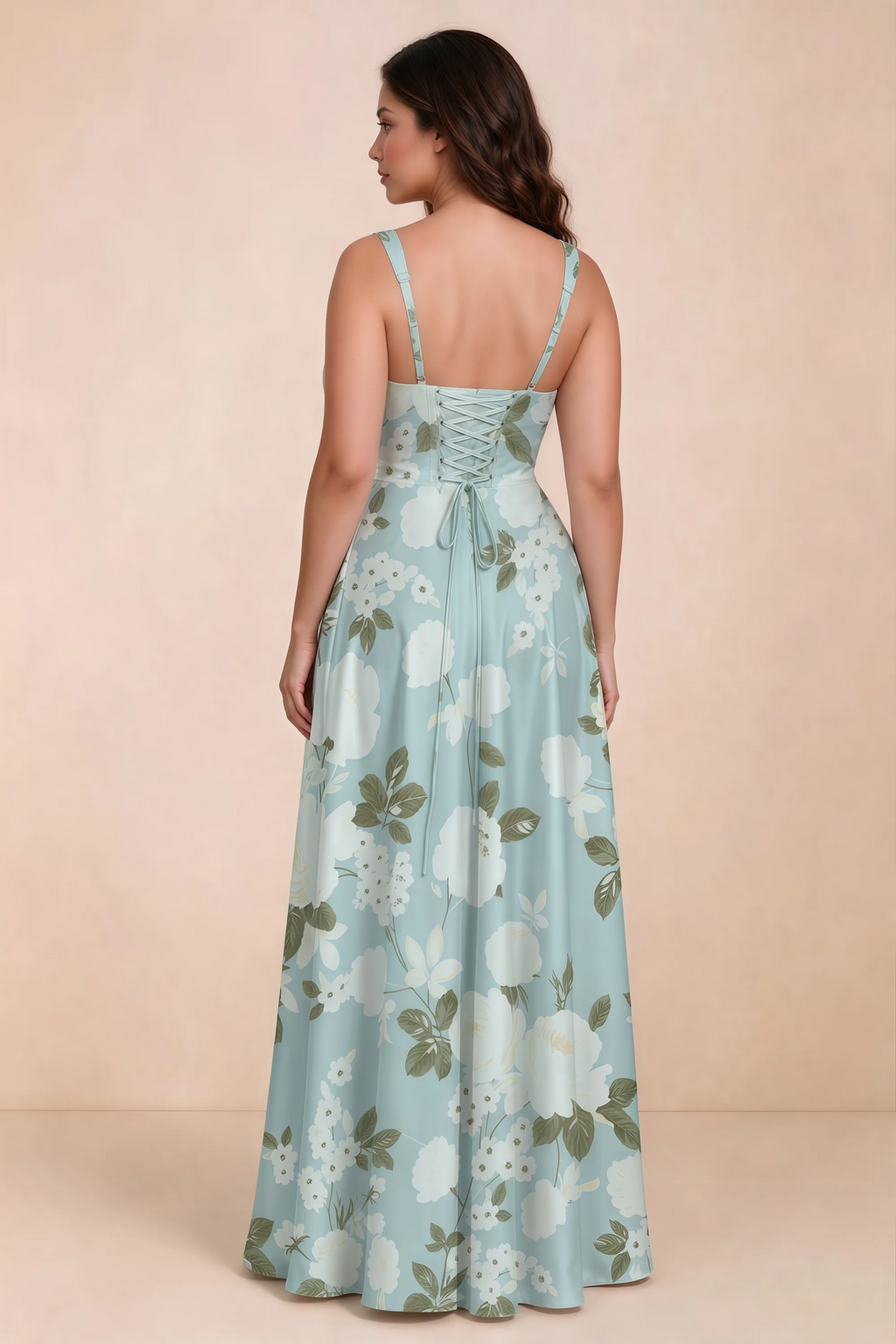 Rear studio view of Becky blue floral satin maxi dress showing crossed back lacing above the full skirt