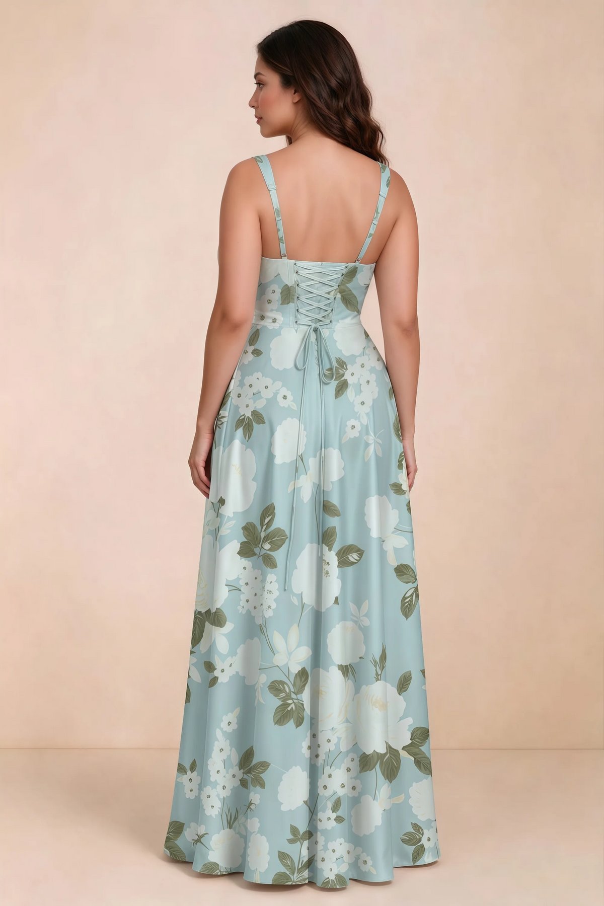 Rear studio view of Becky blue floral satin maxi dress showing crossed back lacing above the full skirt