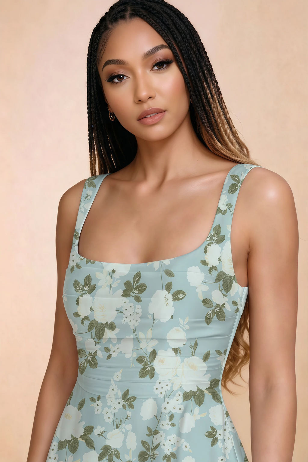 Close-up of Becky blue floral square neckline, shoulder straps and horizontal bodice pleats