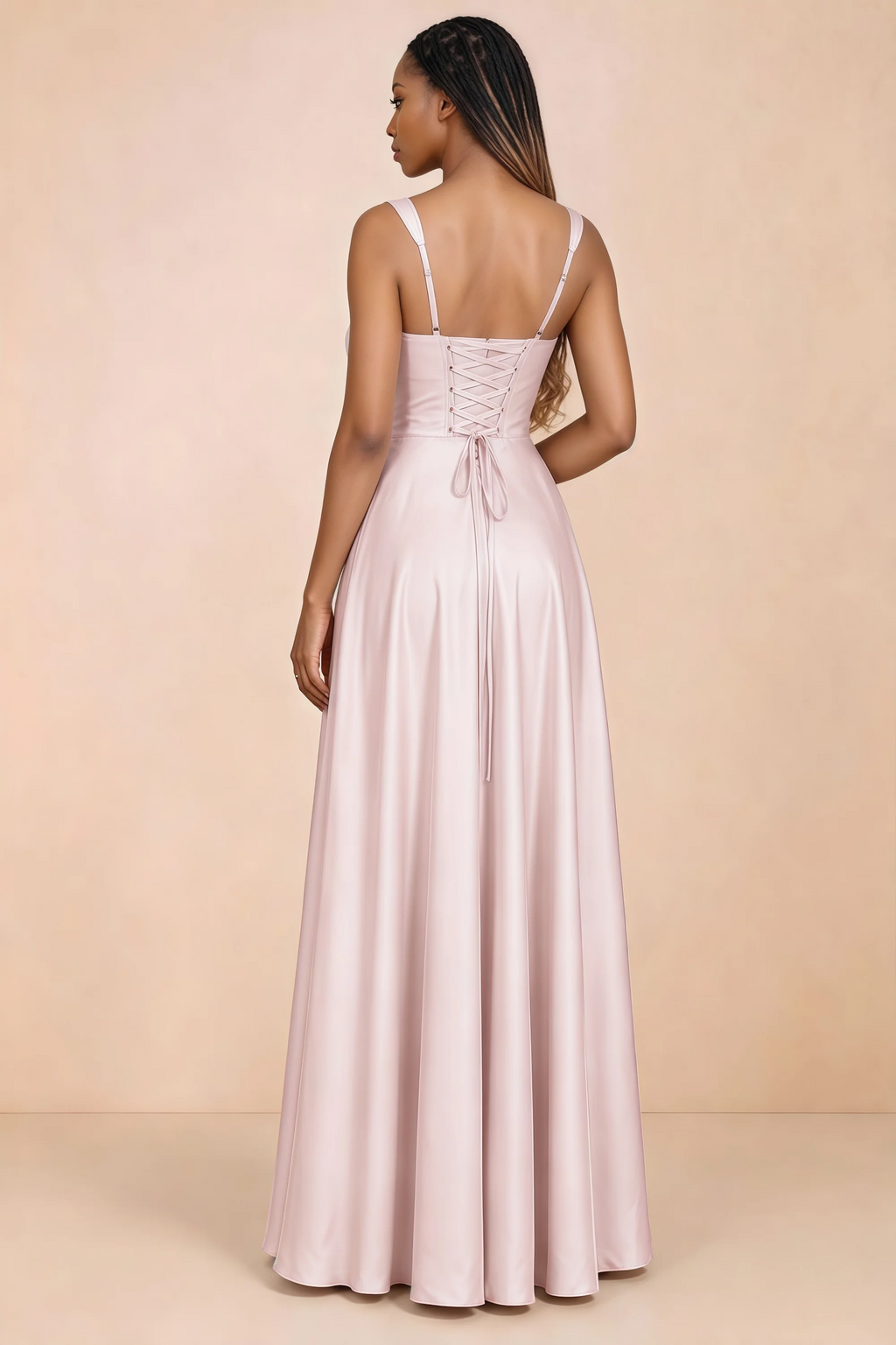 Back studio view of Becky blush satin maxi dress showing shoulder straps and waist-length lacing