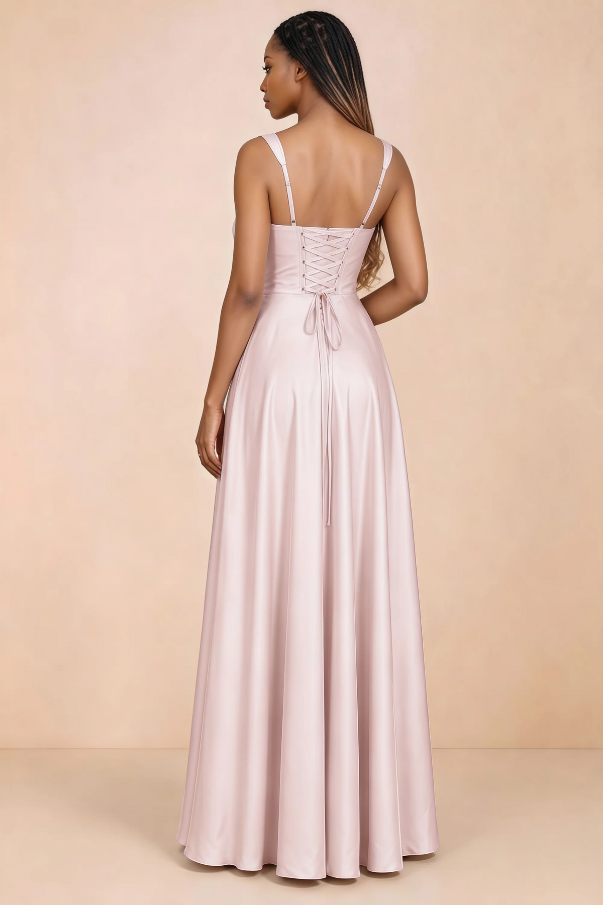 Back studio view of Becky blush satin maxi dress showing shoulder straps and waist-length lacing