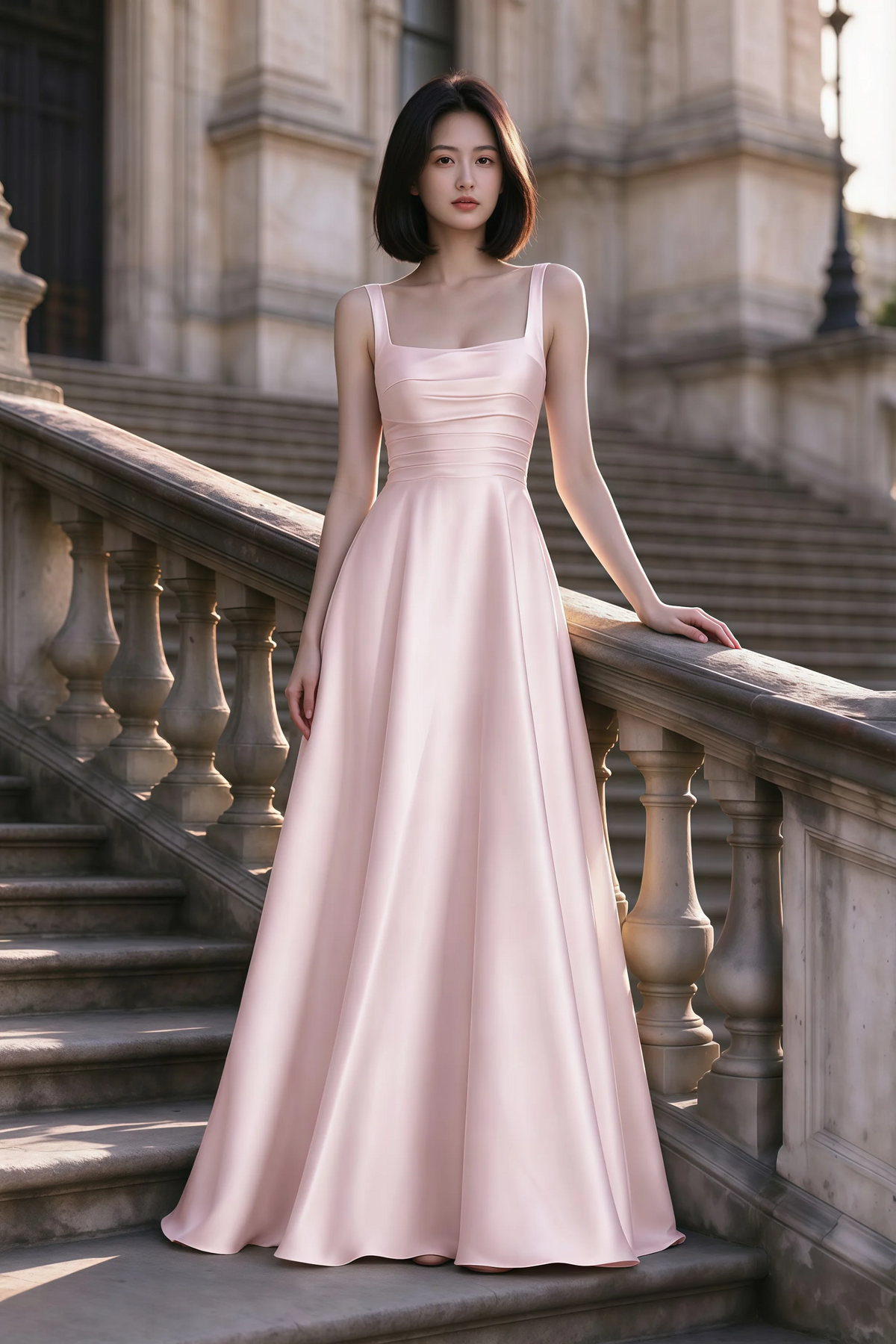 Outdoor front view of Becky blush satin maxi dress on stone steps with a floor-length A-line skirt