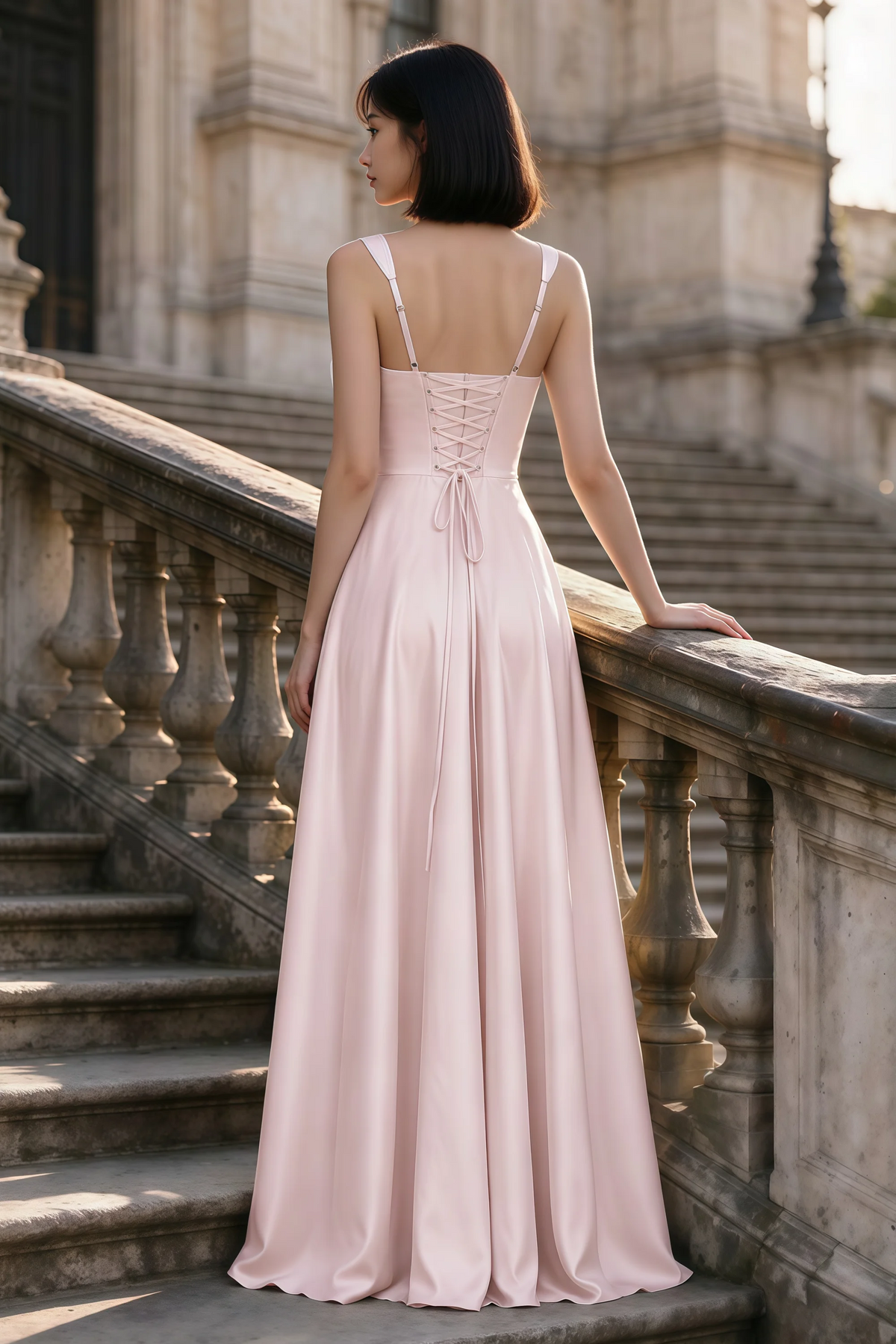 Outdoor rear view of Becky blush satin maxi dress showing adjustable straps and the lace-up back