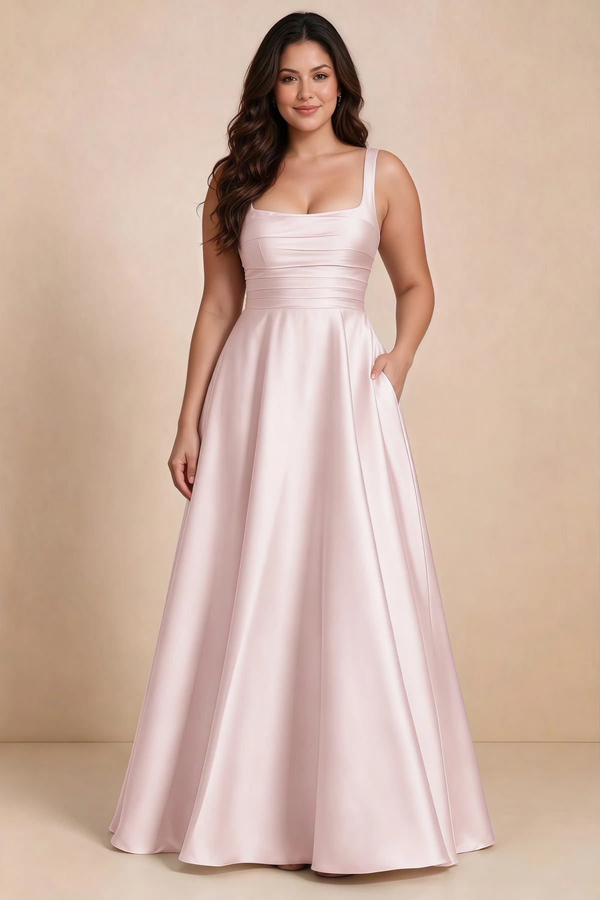 Front studio view of Becky blush satin maxi dress showing the defined waist and flowing skirt