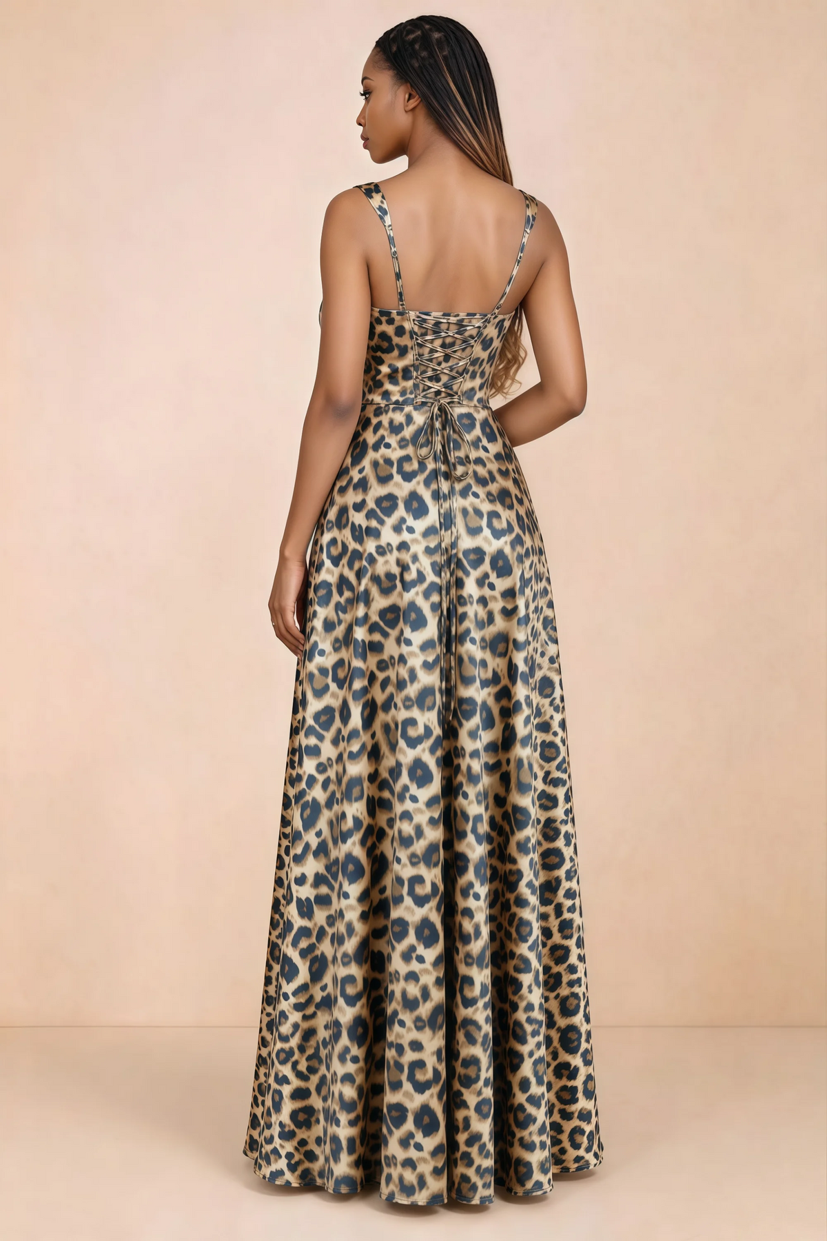 Back studio view of Becky brown leopard satin maxi dress showing shoulder straps and waist-length lacing