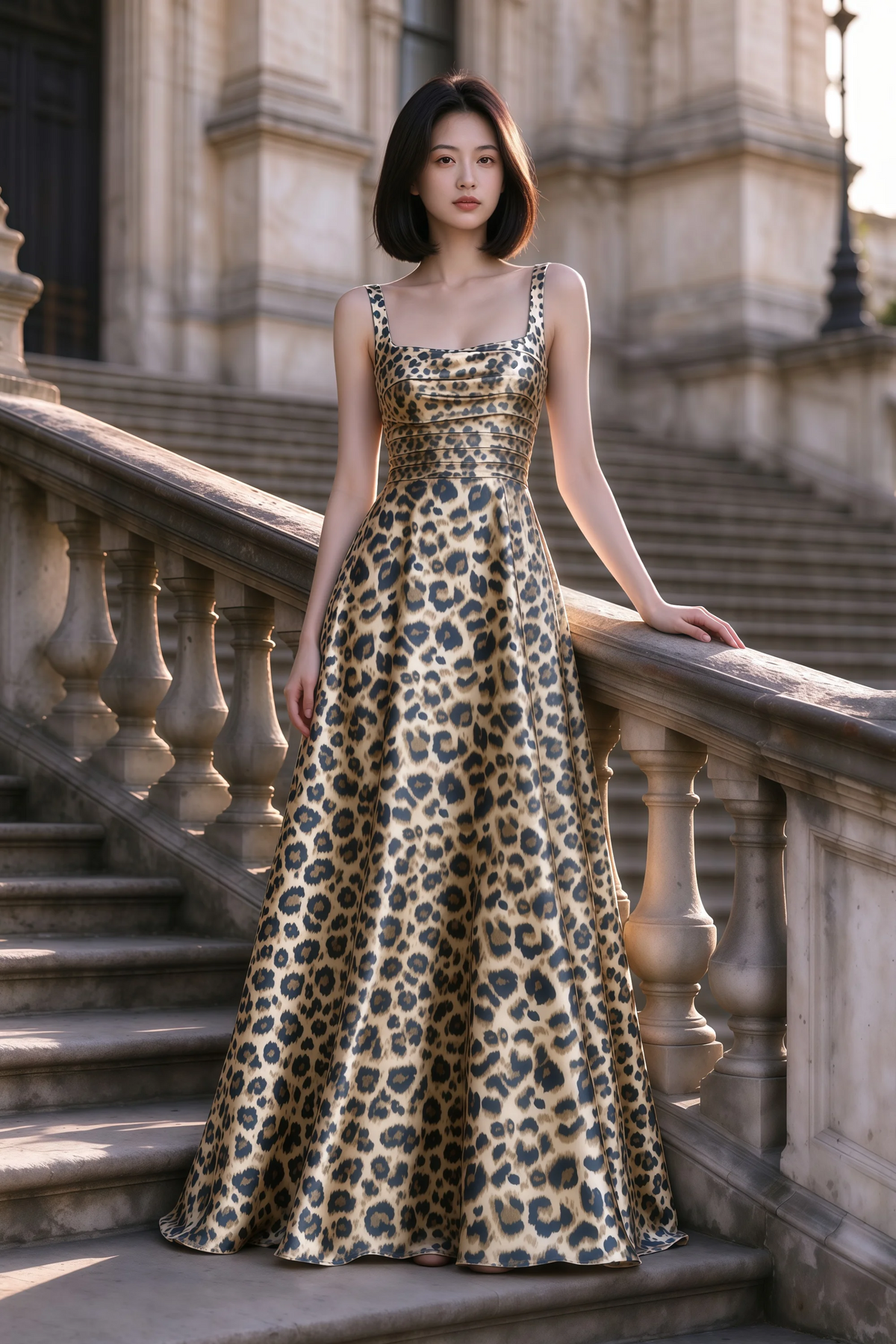 Outdoor front view of Becky brown leopard satin maxi dress on stone steps with a floor-length A-line skirt