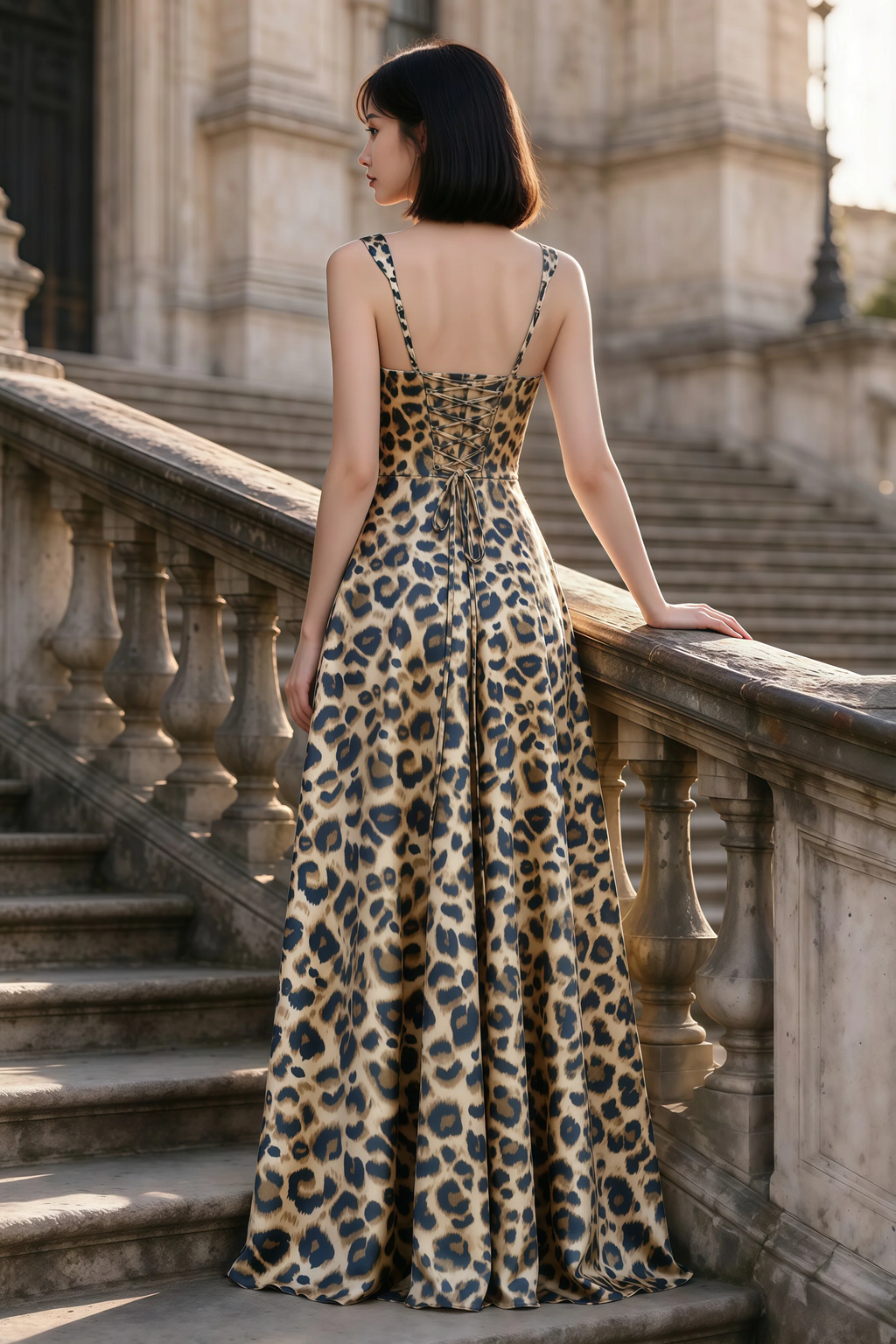 Outdoor rear view of Becky brown leopard satin maxi dress showing adjustable straps and the lace-up back