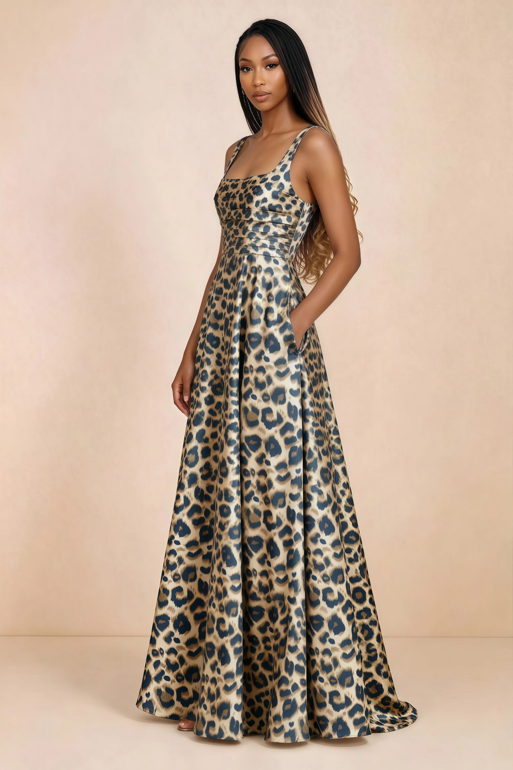 Three-quarter studio view of Becky brown leopard satin maxi dress with a hand resting in the side pocket