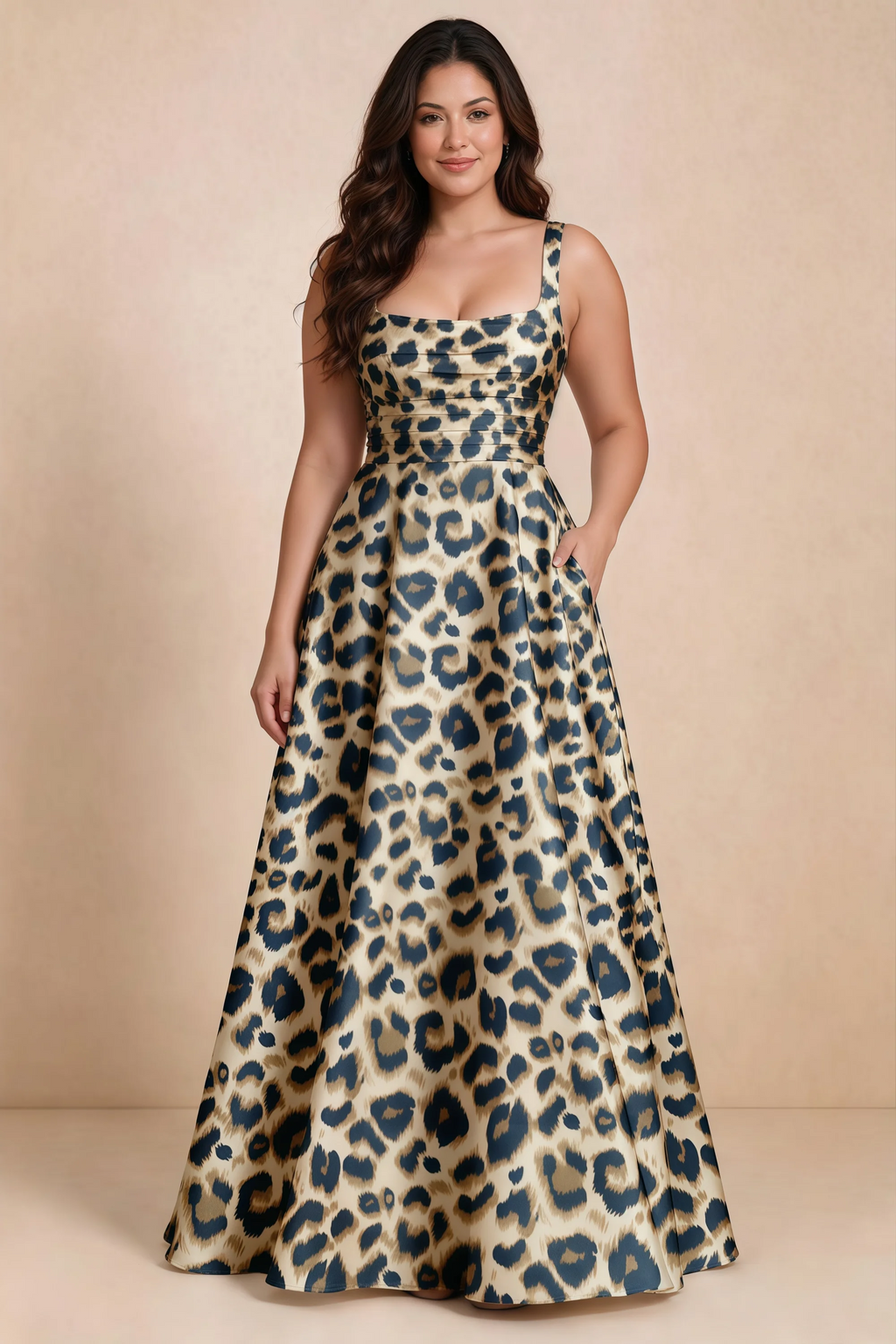 Front studio view of Becky brown leopard satin maxi dress showing the defined waist and flowing skirt