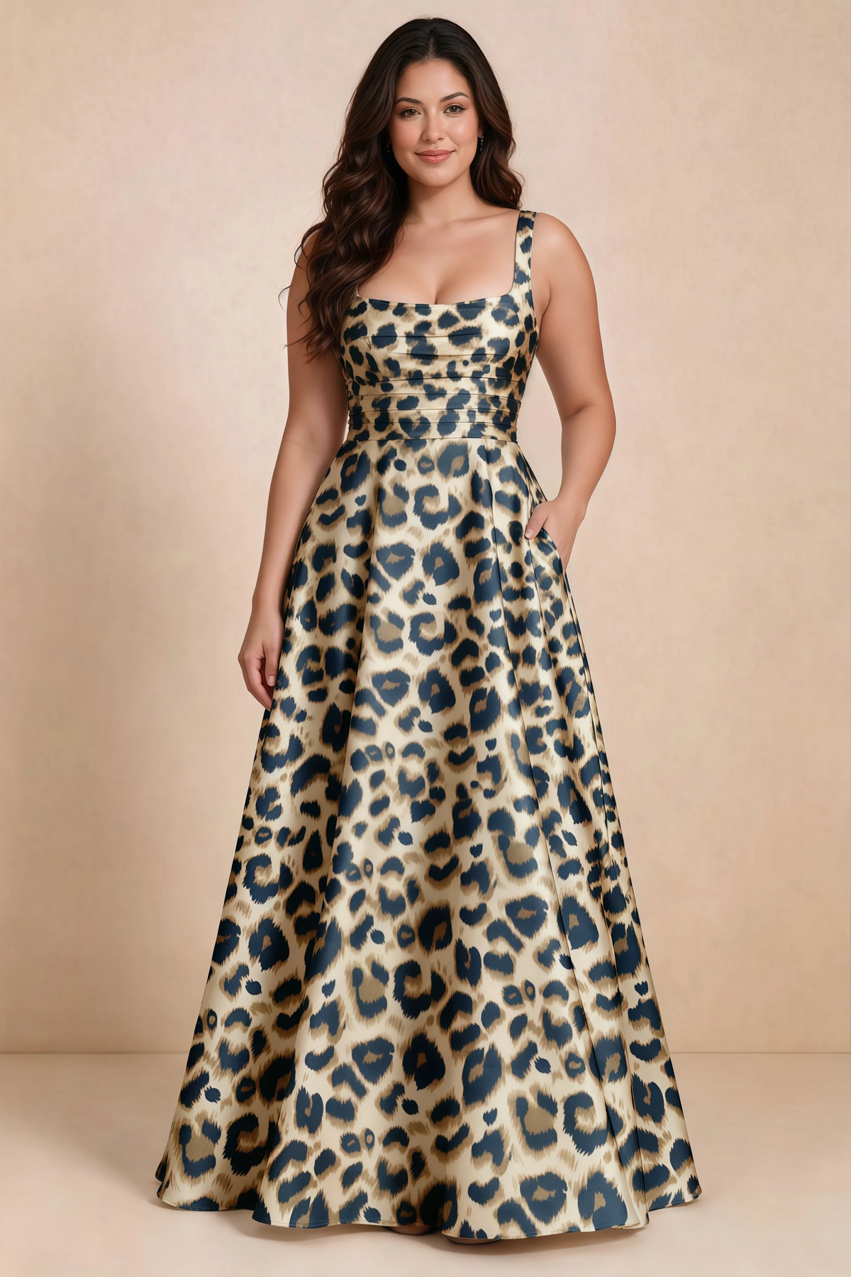 Front studio view of Becky brown leopard satin maxi dress showing the defined waist and flowing skirt