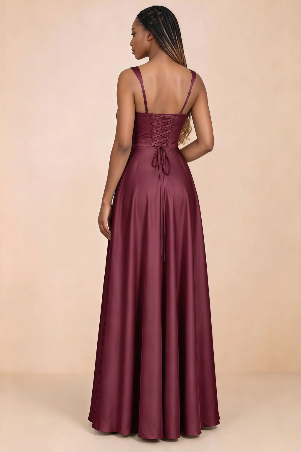 Back studio view of Becky burgundy satin maxi dress showing shoulder straps and waist-length lacing