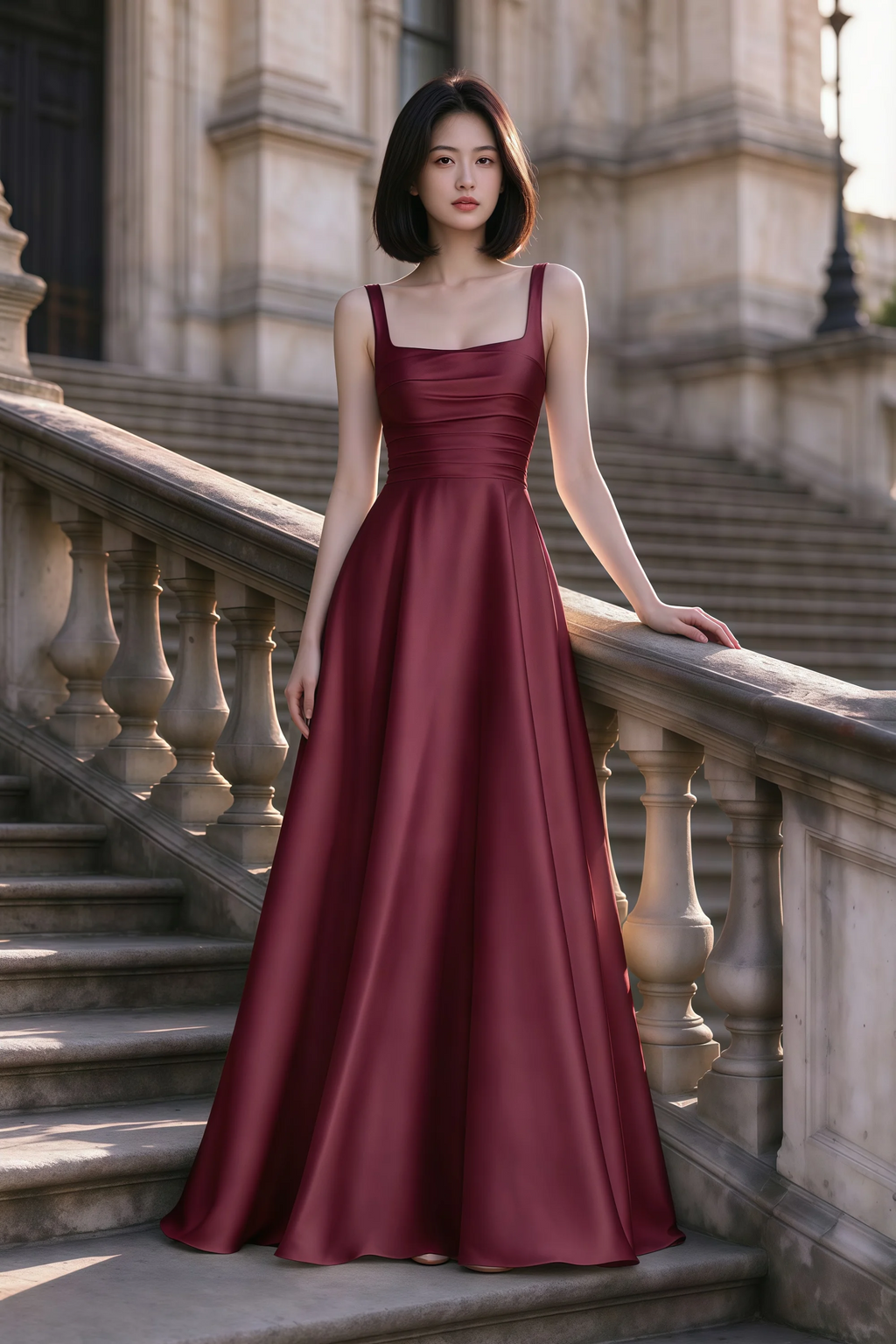 Outdoor front view of Becky burgundy satin maxi dress on stone steps with a floor-length A-line skirt