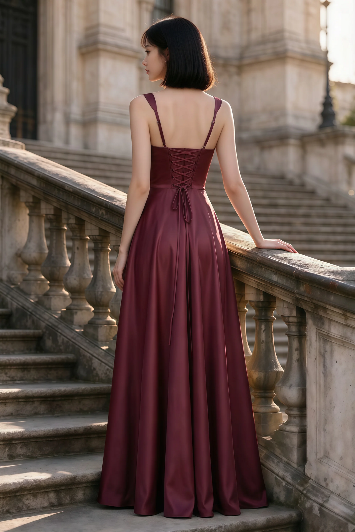 Outdoor rear view of Becky burgundy satin maxi dress showing adjustable straps and the lace-up back
