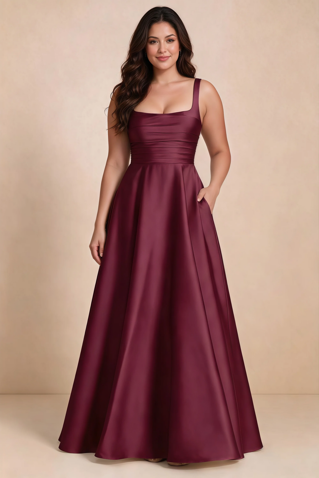 Front studio view of Becky burgundy satin maxi dress showing the defined waist and flowing skirt