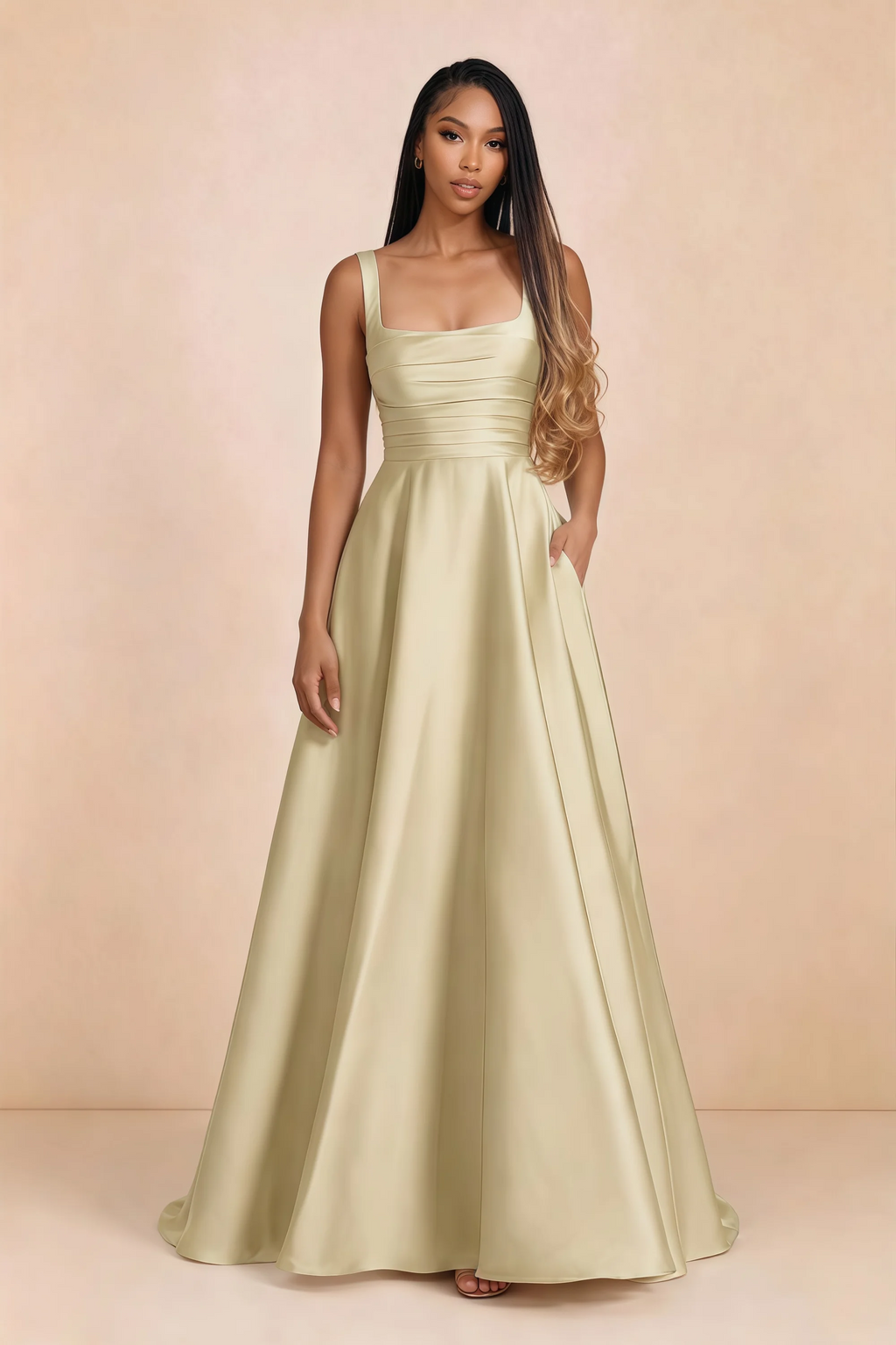Front studio view of Becky butter yellow satin maxi dress showing the square neckline, pleated bodice and full A-line skirt
