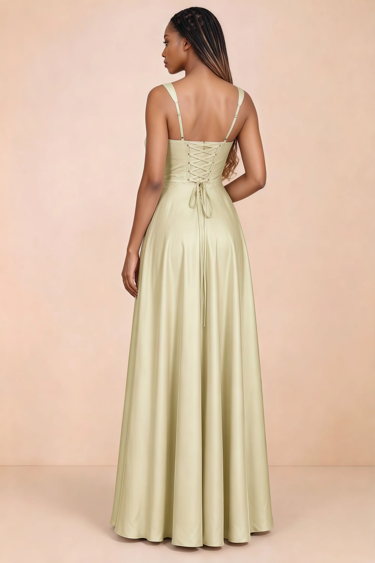 Back studio view of Becky butter yellow satin maxi dress showing shoulder straps and waist-length lacing