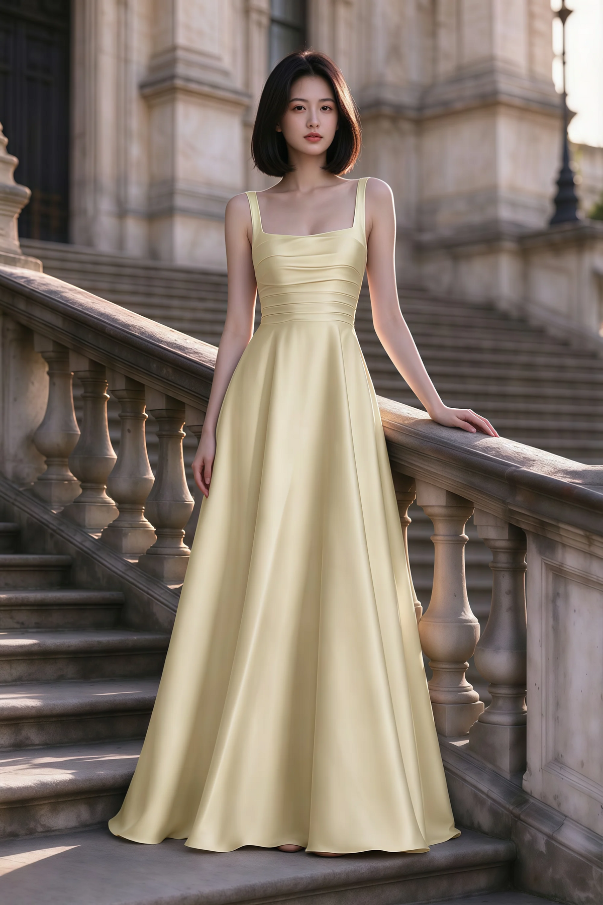 Outdoor front view of Becky butter yellow satin maxi dress on stone steps with a floor-length A-line skirt