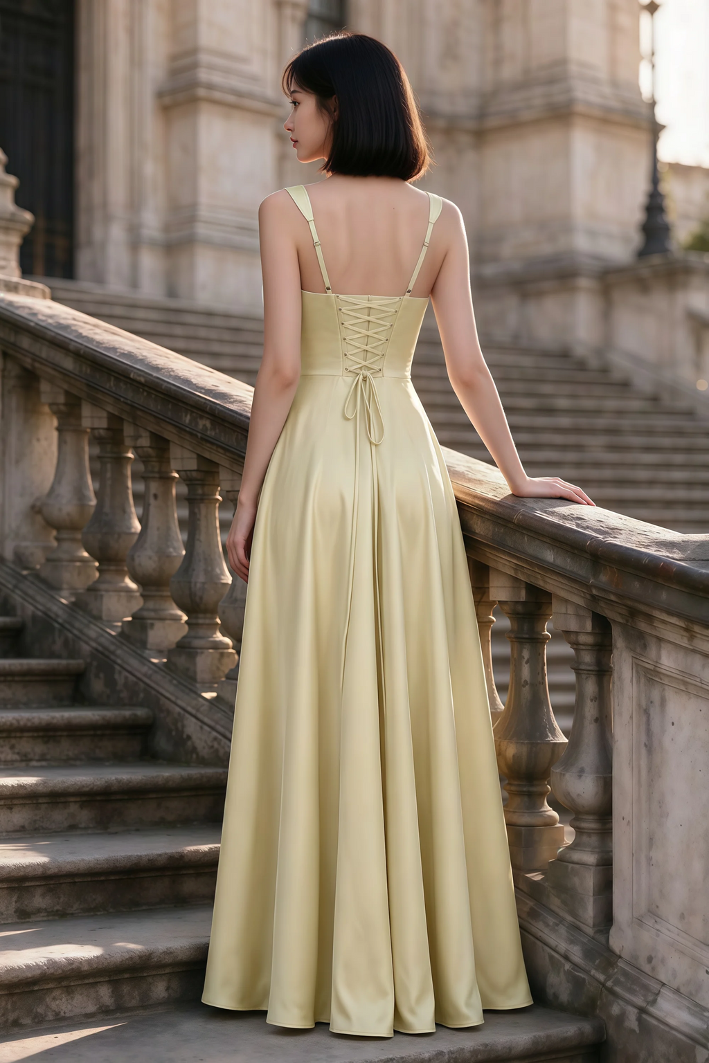 Outdoor rear view of Becky butter yellow satin maxi dress showing adjustable straps and the lace-up back