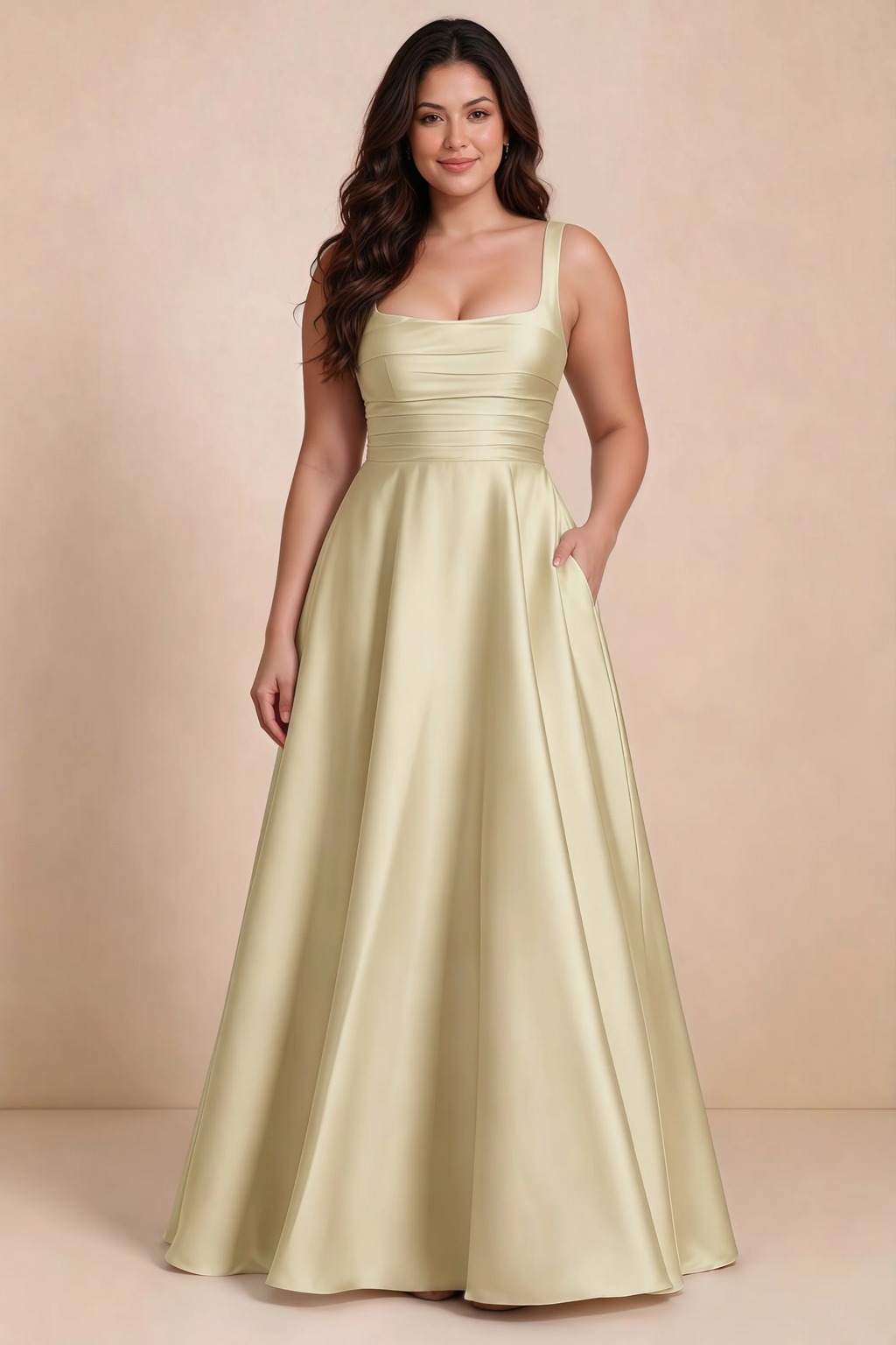 Front studio view of Becky butter yellow satin maxi dress showing the defined waist and flowing skirt