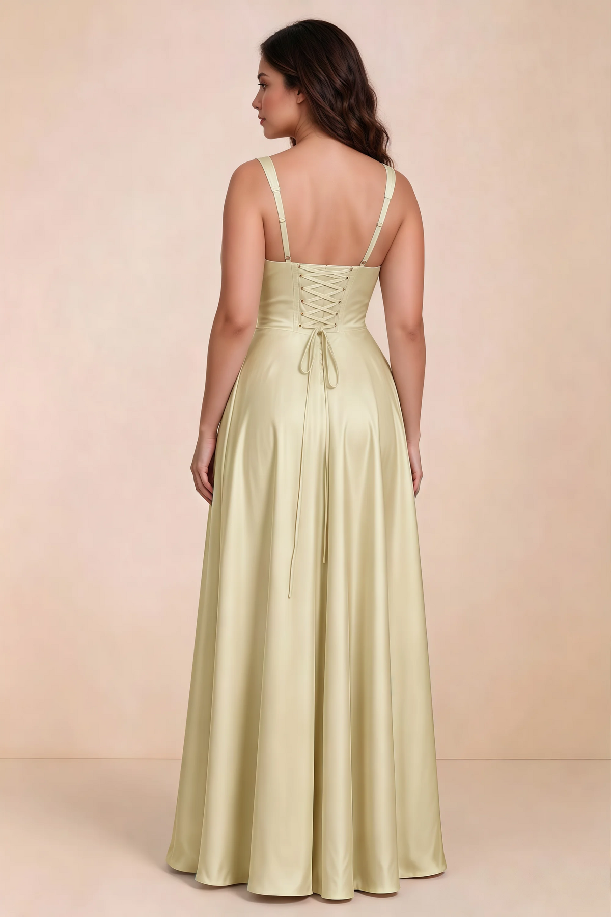 Rear studio view of Becky butter yellow satin maxi dress showing crossed back lacing above the full skirt