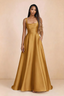 Front studio view of Becky butterscotch satin maxi dress showing the square neckline, pleated bodice and full A-line skirt