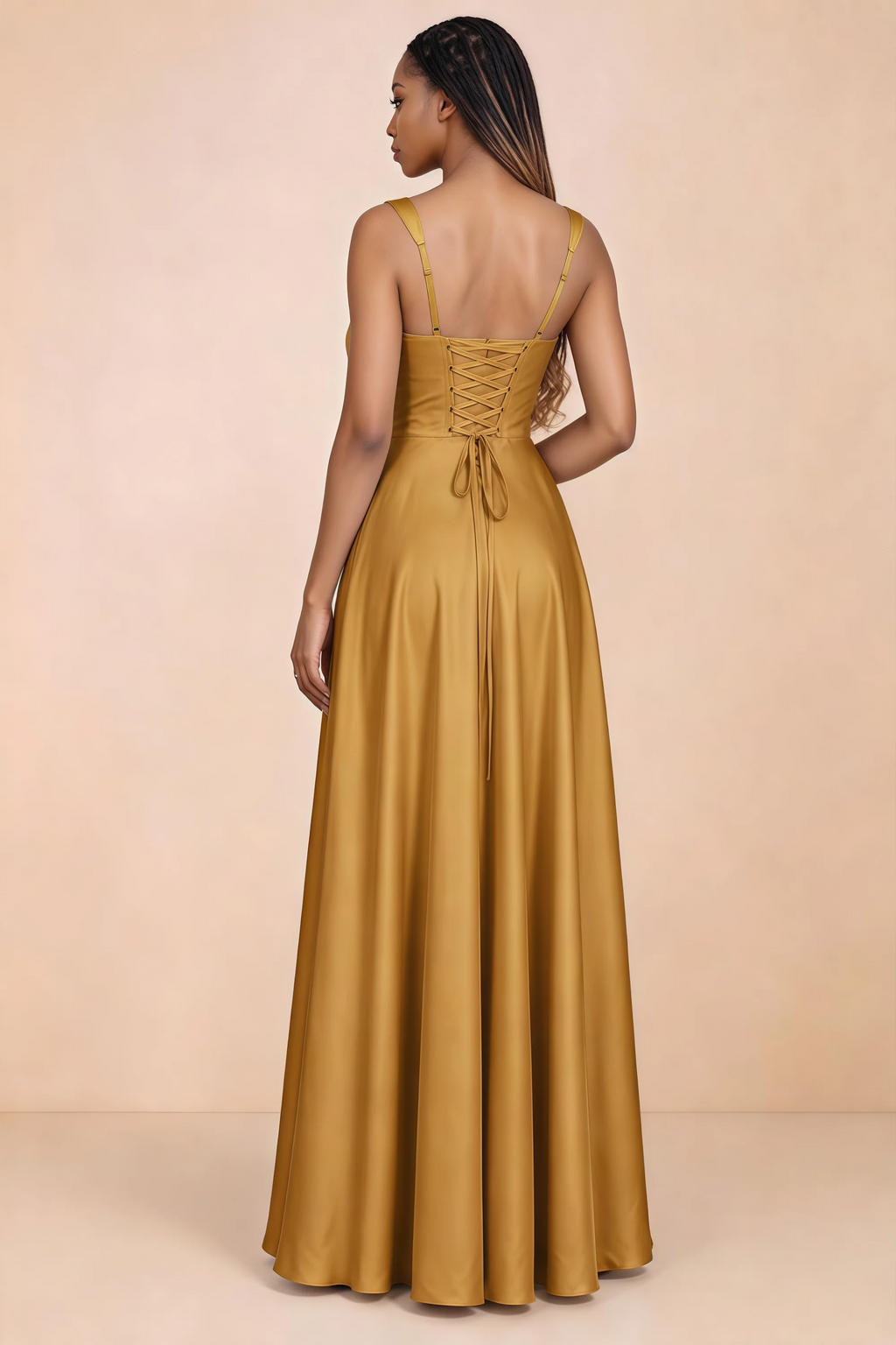 Back studio view of Becky butterscotch satin maxi dress showing shoulder straps and waist-length lacing