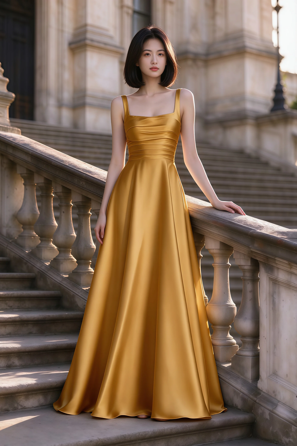 Outdoor front view of Becky butterscotch satin maxi dress on stone steps with a floor-length A-line skirt