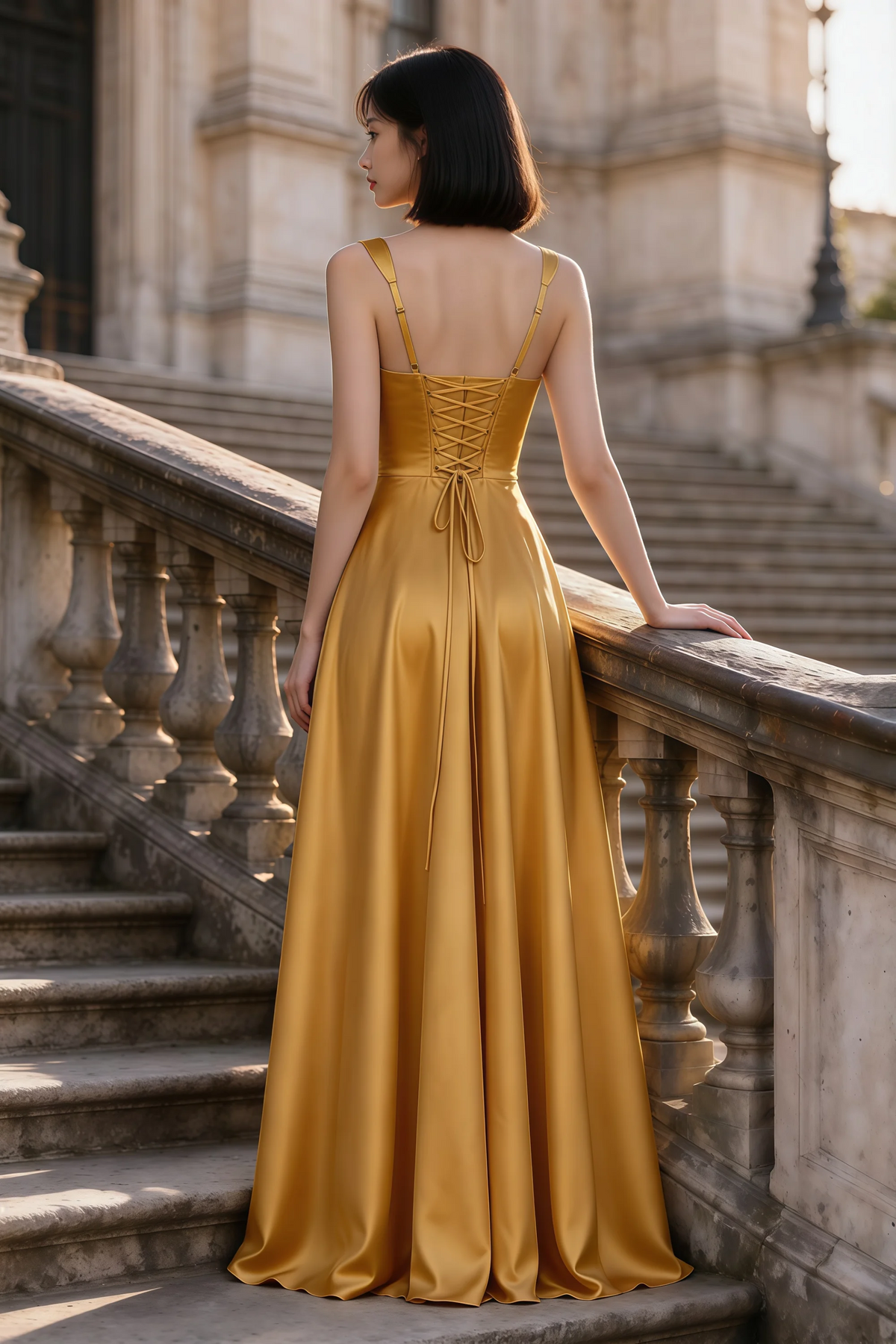 Outdoor rear view of Becky butterscotch satin maxi dress showing adjustable straps and the lace-up back