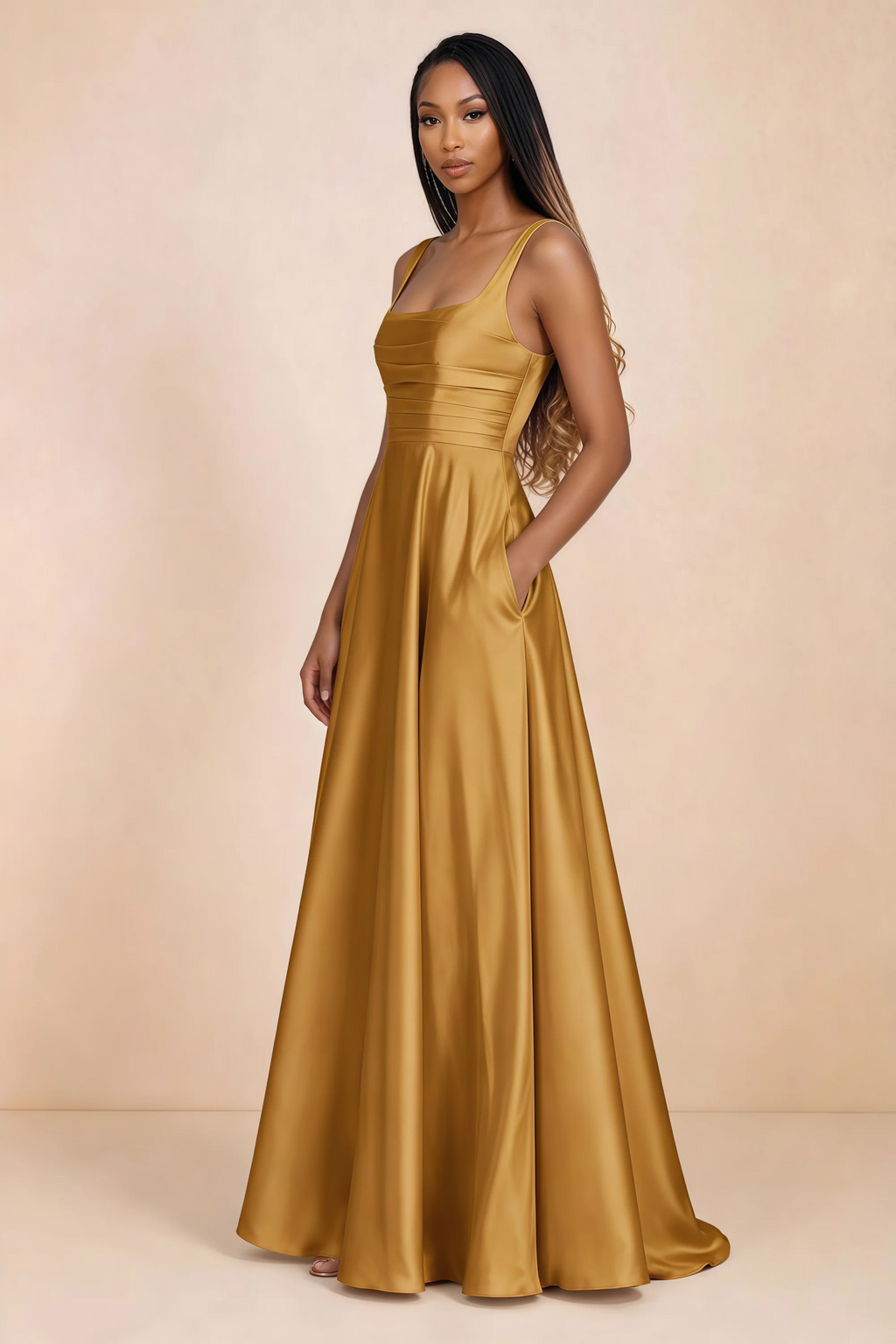 Three-quarter studio view of Becky butterscotch satin maxi dress with a hand resting in the side pocket