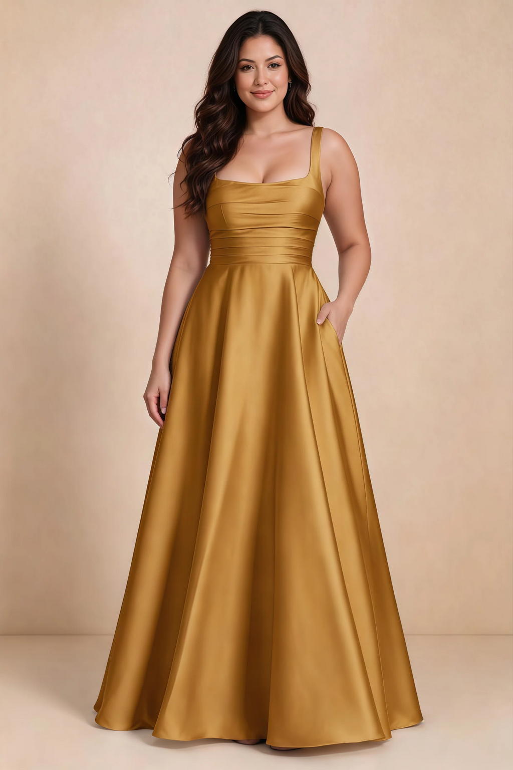 Front studio view of Becky butterscotch satin maxi dress showing the defined waist and flowing skirt