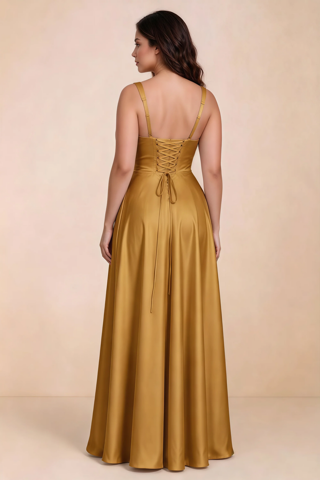 Rear studio view of Becky butterscotch satin maxi dress showing crossed back lacing above the full skirt