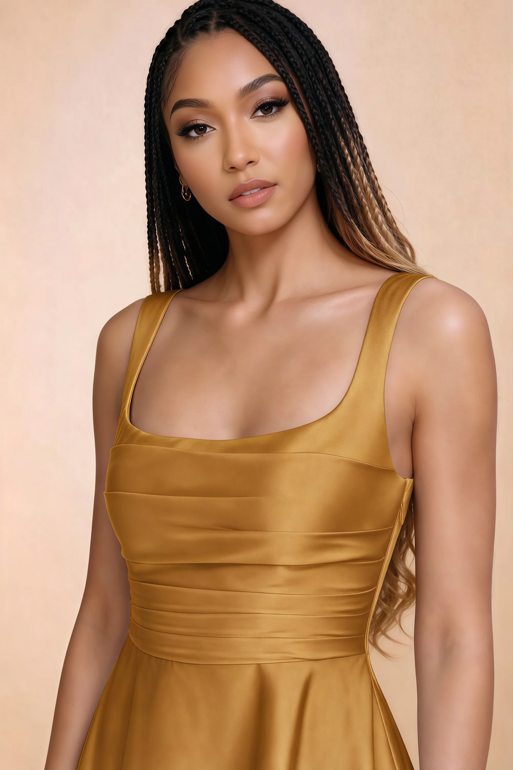 Close-up of Becky butterscotch square neckline, shoulder straps and horizontal bodice pleats