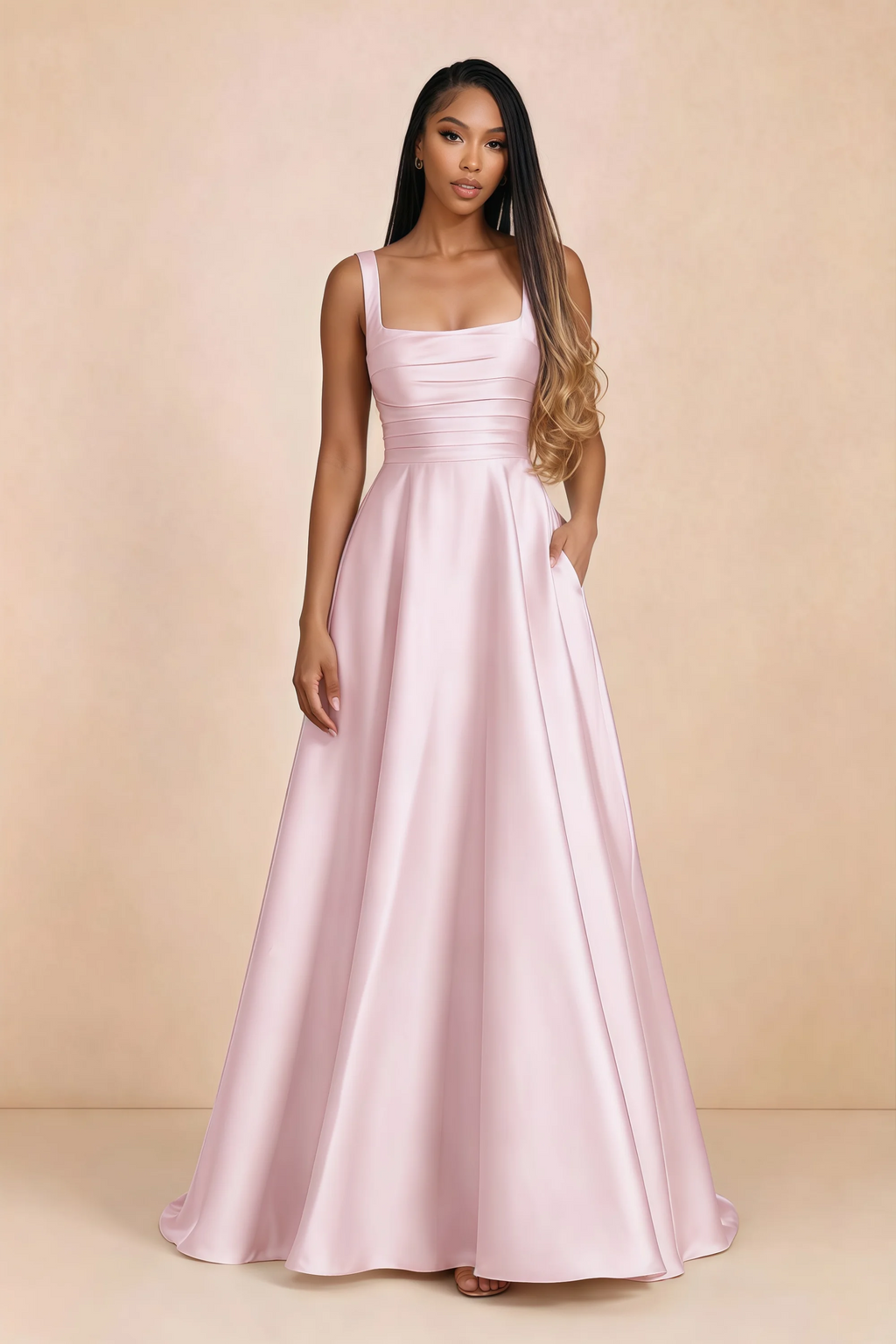 Front studio view of Becky candy satin maxi dress showing the square neckline, pleated bodice and full A-line skirt