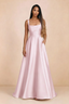 Front studio view of Becky candy satin maxi dress showing the square neckline, pleated bodice and full A-line skirt