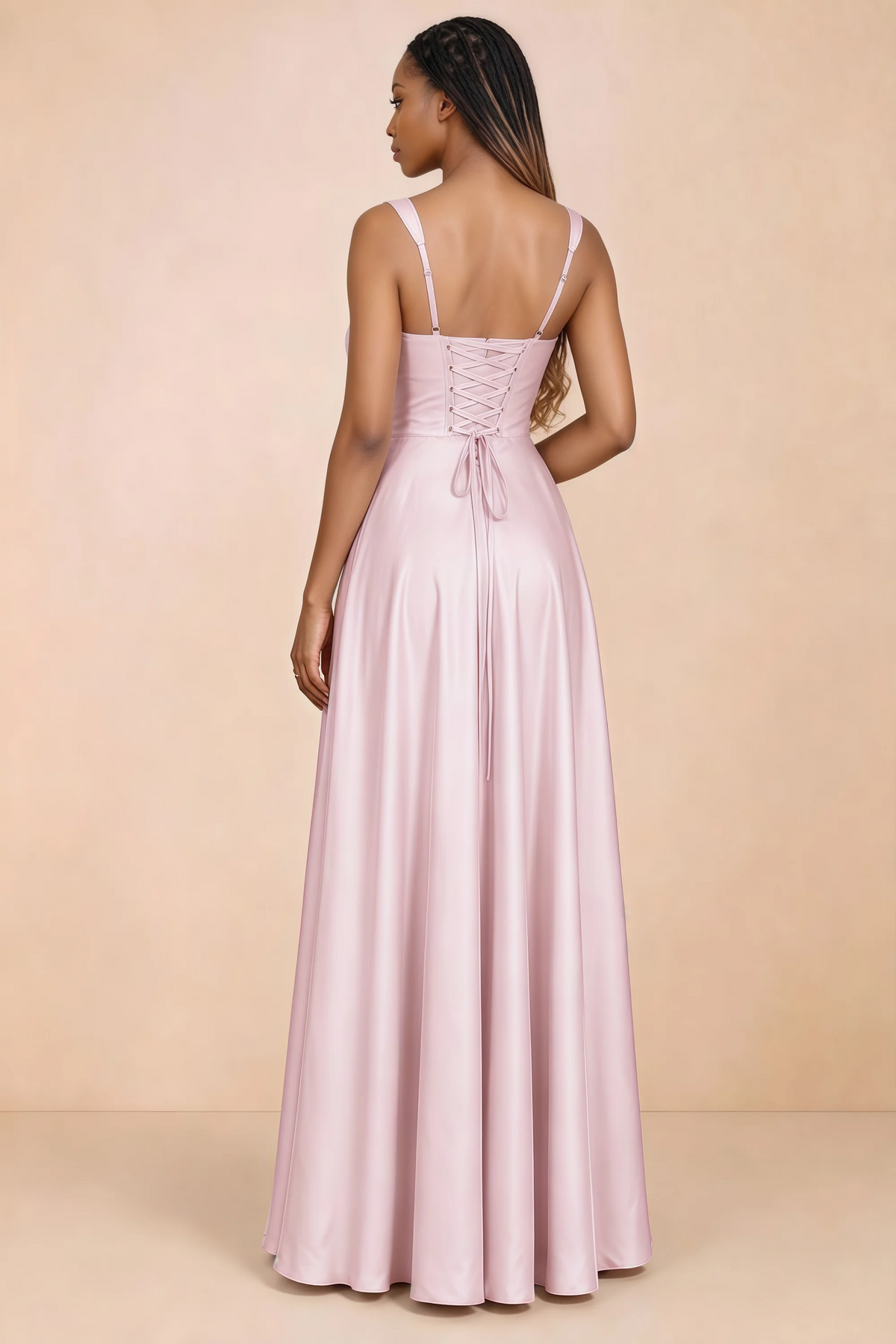 Back studio view of Becky candy satin maxi dress showing shoulder straps and waist-length lacing