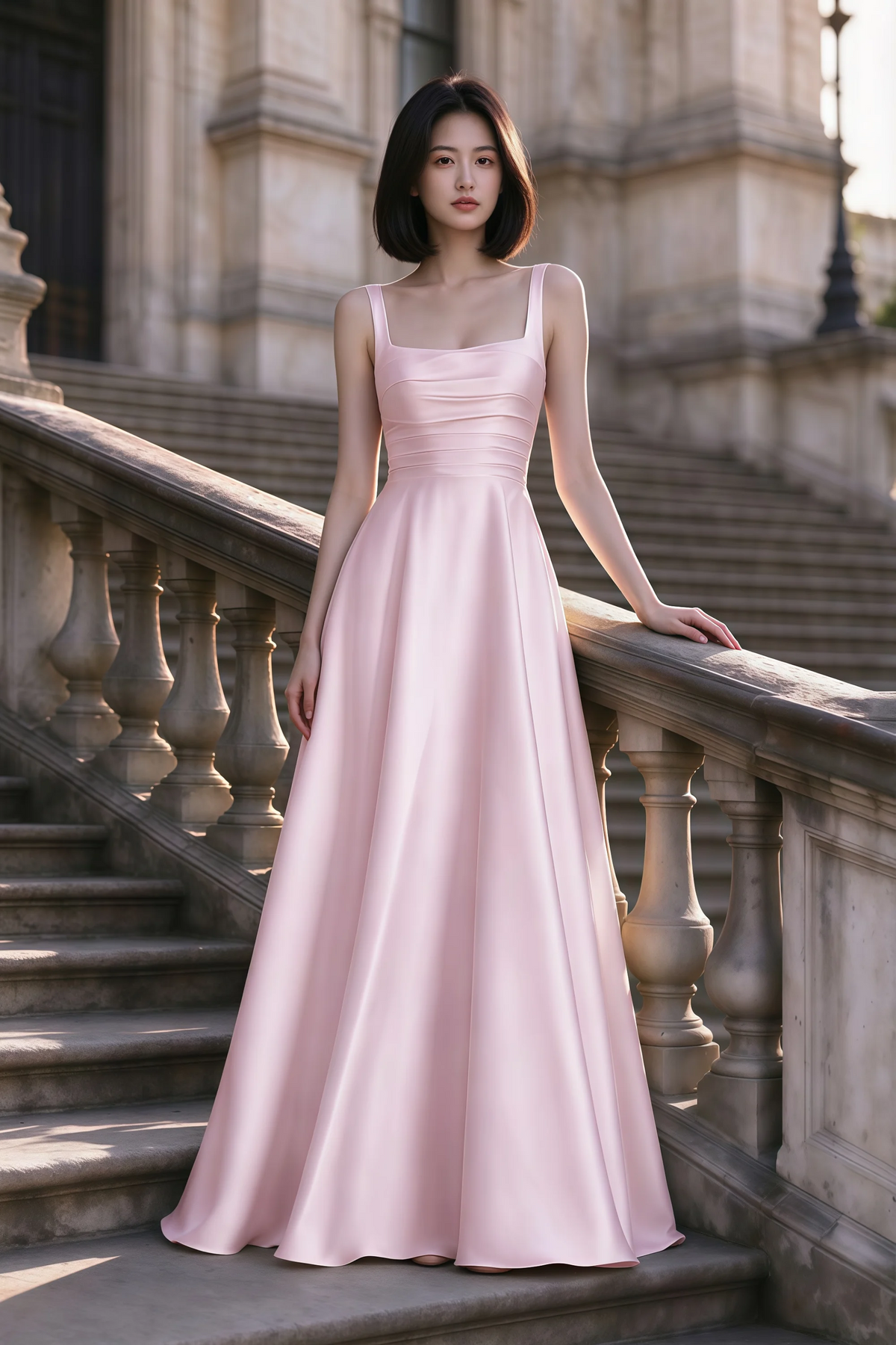 Outdoor front view of Becky candy satin maxi dress on stone steps with a floor-length A-line skirt