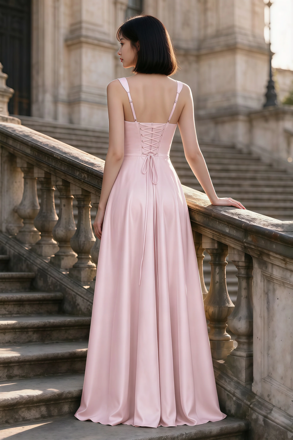 Outdoor rear view of Becky candy satin maxi dress showing adjustable straps and the lace-up back