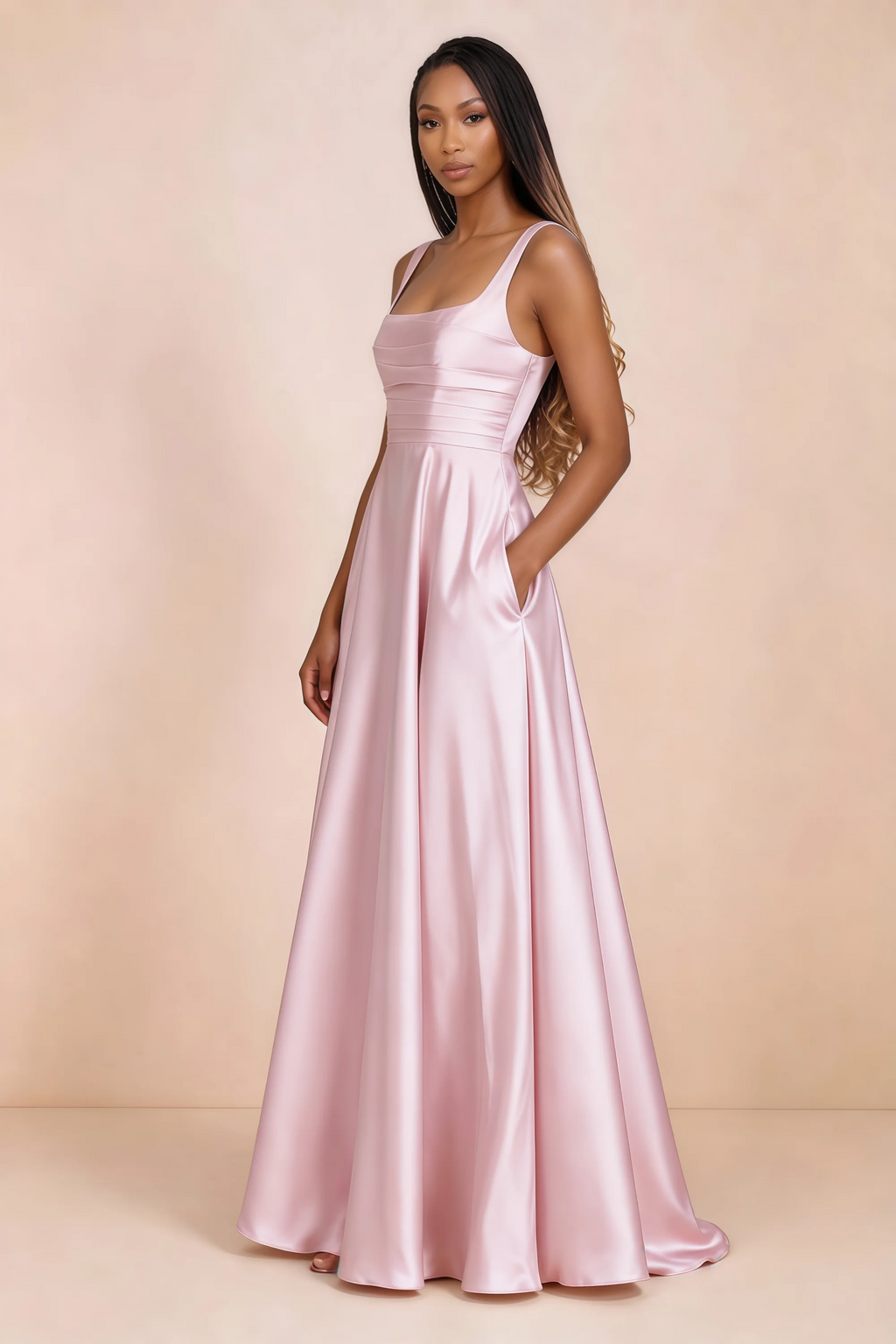 Three-quarter studio view of Becky candy satin maxi dress with a hand resting in the side pocket