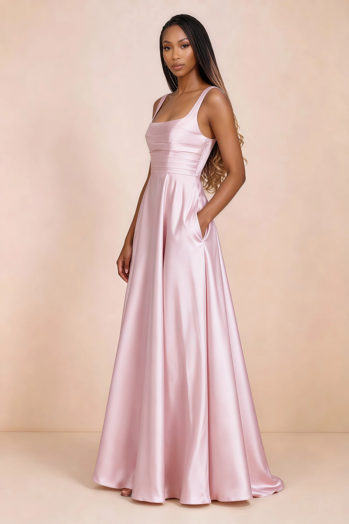 Three-quarter studio view of Becky candy satin maxi dress with a hand resting in the side pocket